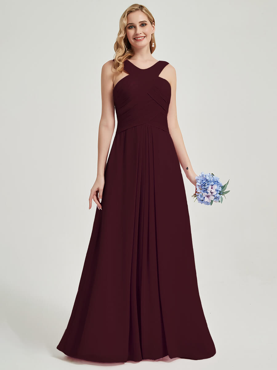 Elegant Burgundy V-Neck Pleated A-Line Floor-Length Chiffon Bridesmaid Dress for Weddings, Formal Events & Special Occasions