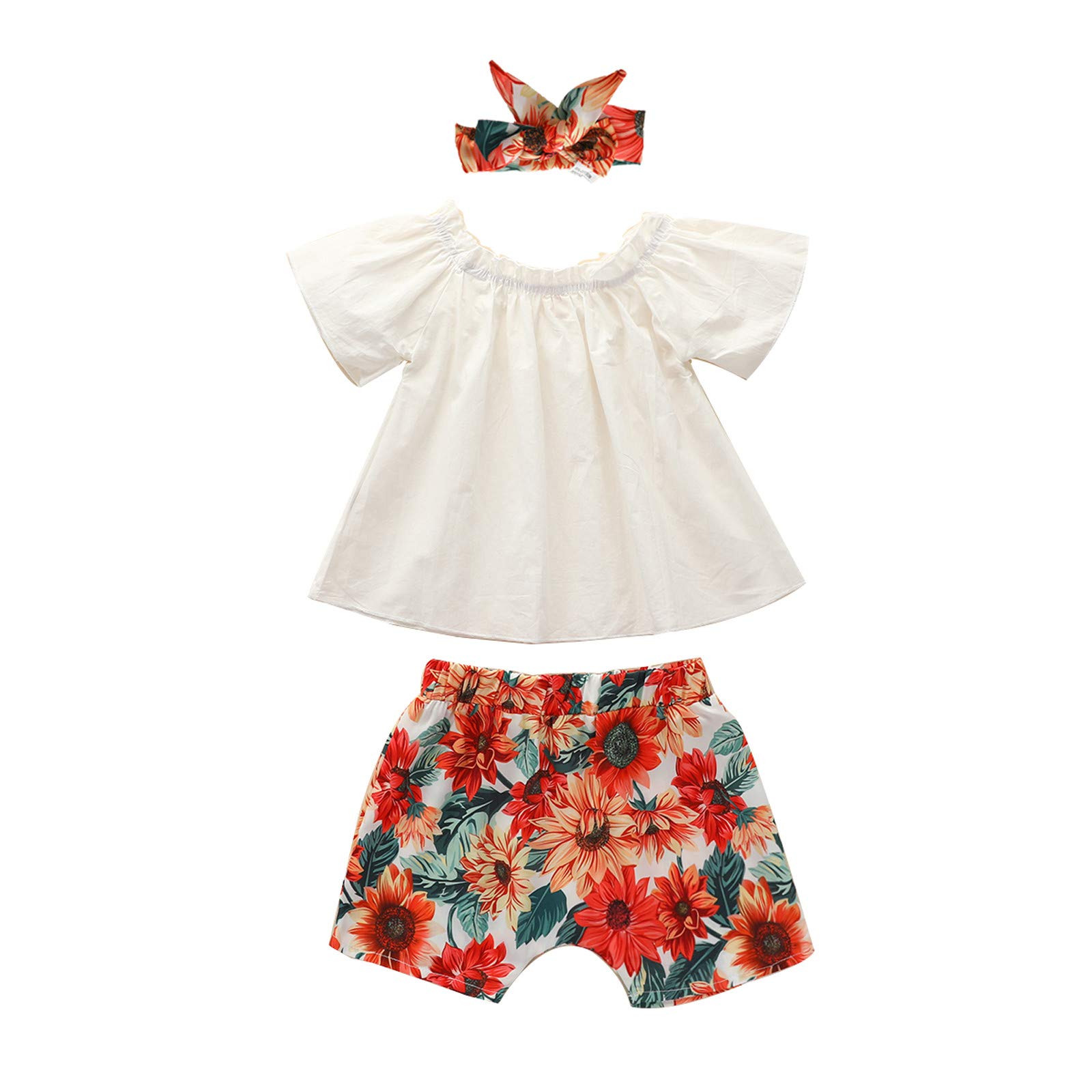 **Boys & Girls Short Sleeve Floral Print T-Shirt and Shorts Outfit Set with Hairband – Cute Baby Toddler Clothes for Summer Playdates & Family Photos**
