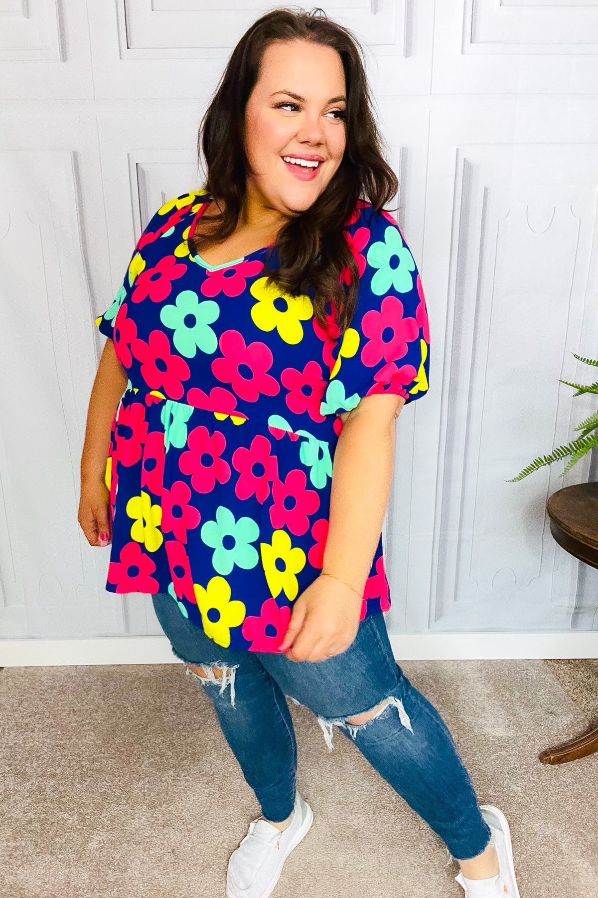 Haptics Navy Blue Floral Print Bubble Sleeve Babydoll Raglan Top - Casual Chic Blouse for Women, Perfect for Date Nights & Summer Outfits