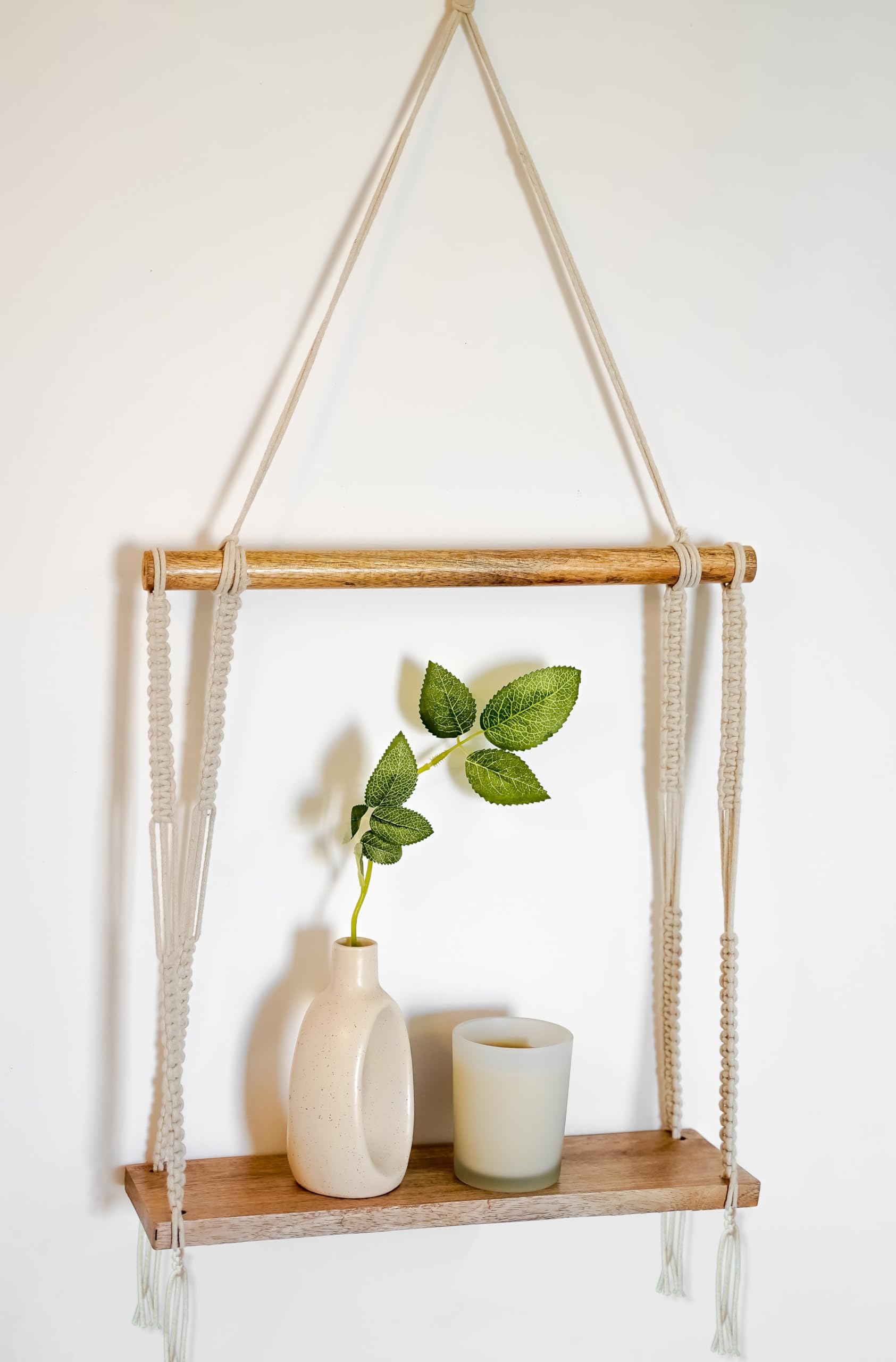 UHUD CRAFTS Macrame Wall Hanging Shelf - Handmade Wooden Floating Shelf for Home Decor, Wall Mounted Plant Display Shelf - Perfect for Bedroom, Living Room & Boho Style Interior Design