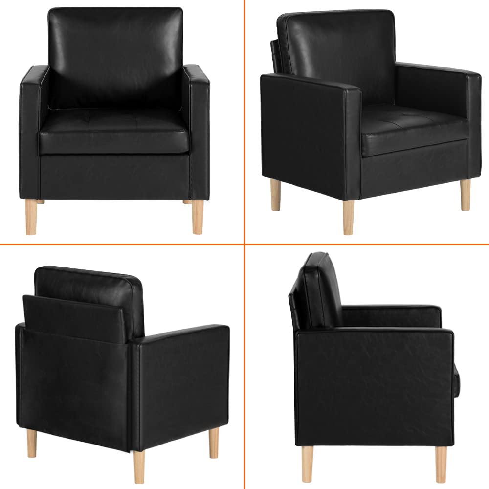 AILEEKISS Modern Single Sofa Chair - Mid-Century Faux Leather Upholstered Accent Armchair for Small Spaces, Living Room, Apartment, Dorm & Office - Compact Comfortable Seating for Relaxing, Reading or Working (Black)