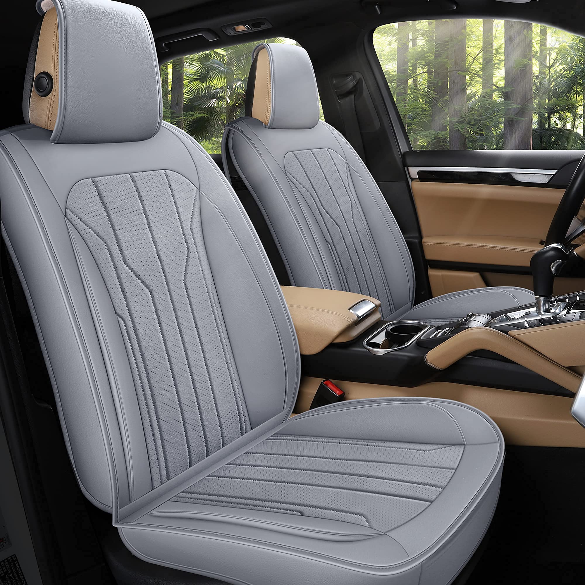 Premium AOOG Leather Car Seat Covers - Universal Fit Leatherette Seat Protectors for Cars, SUVs & Trucks | Non-Slip Auto Interior Accessories (Full Set, Gray) | Perfect for Daily Commuting, Road Trips & Vehicle Protection