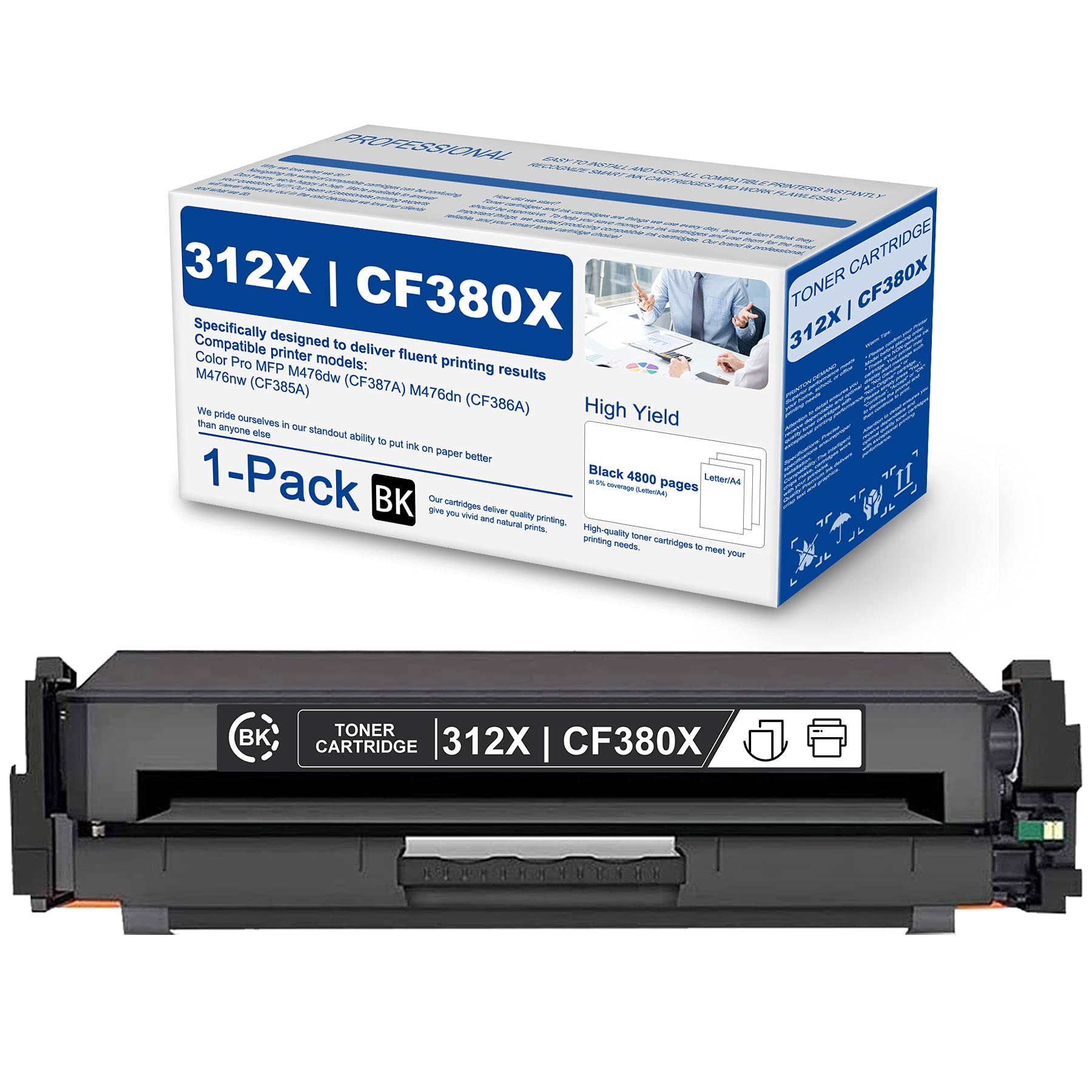 1 Pack Black 312X | CF380X Compatible Remanufactured Toner Cartridge Replacement for HP Color Pro MFP M476dw M476dn M476nw Printer - High Yield Printing for Office & Home Use