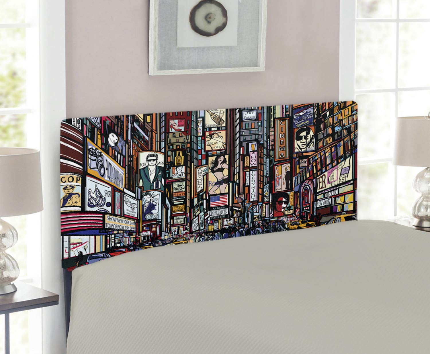 Lunarable New York Themed Headboard - Sketched Pop Art Style Fifth Avenue Design, Vibrant Lifestyle & Colorful Billboards - Upholstered Decorative Metal Bed Headboard with Memory Foam - Twin Size Multicolor - Perfect for Kids' Rooms, Teen Bedrooms & Modern Apartment Decor