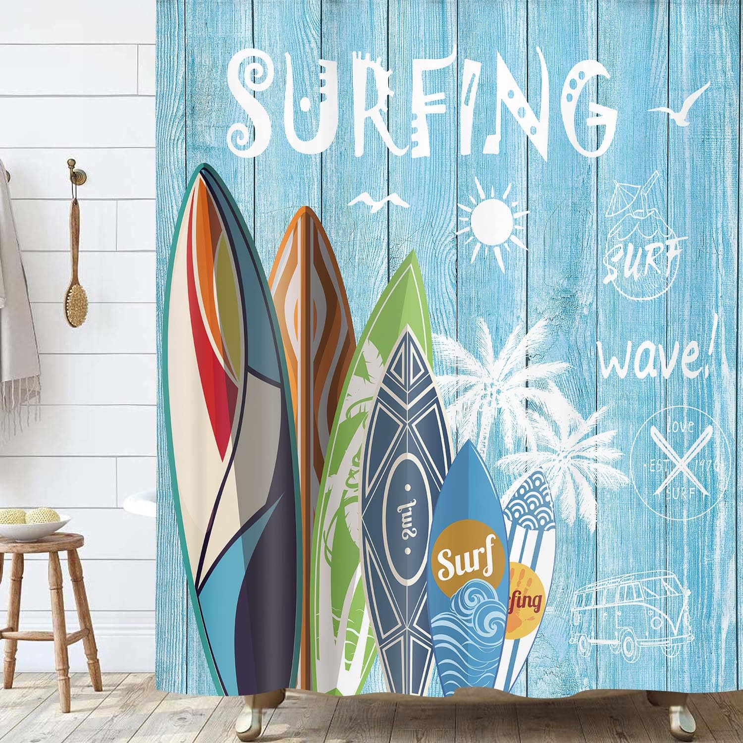 JAWO Beach Shower Curtain - Tropical Surfboard & Palm Tree Design on Teal Blue Rustic Wooden Plank Fabric Bathroom Decor - 69x70 Inches with Hooks - Perfect for Coastal, Nautical & Beach-Themed Bathrooms
