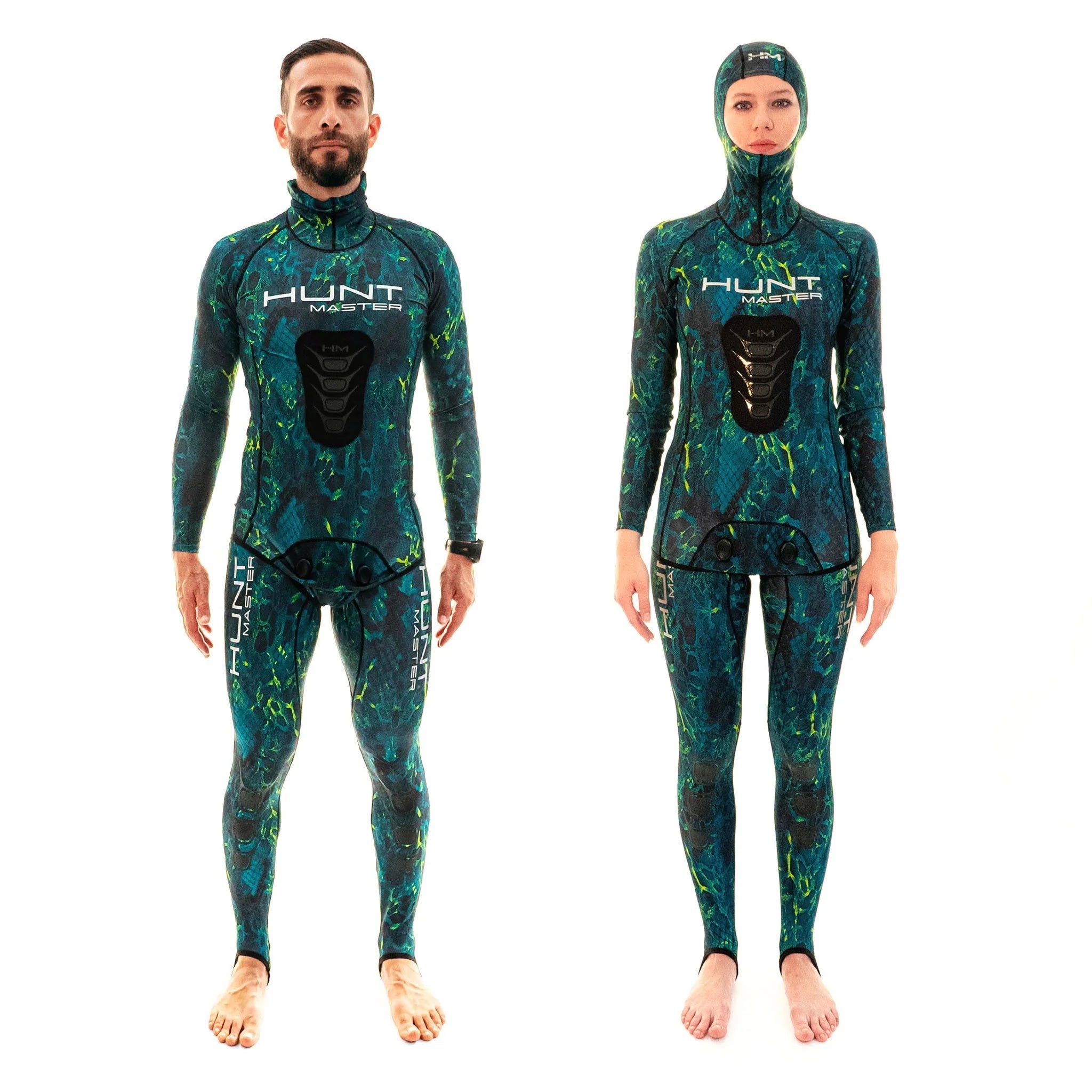 Hunt Master Camo Unisex Hooded Spearfishing Rashguard Top & Long John Pants Set with Chest Pad - UV Protection & Quick Dry for Scuba Diving, Freediving, and Water Sports