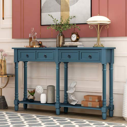 Antique Navy Console Table with Storage - Sofa Table with Drawers and Shelf for Entryway, Living Room | Hallway Furniture, Home Decor, Narrow Side Table for Small Spaces