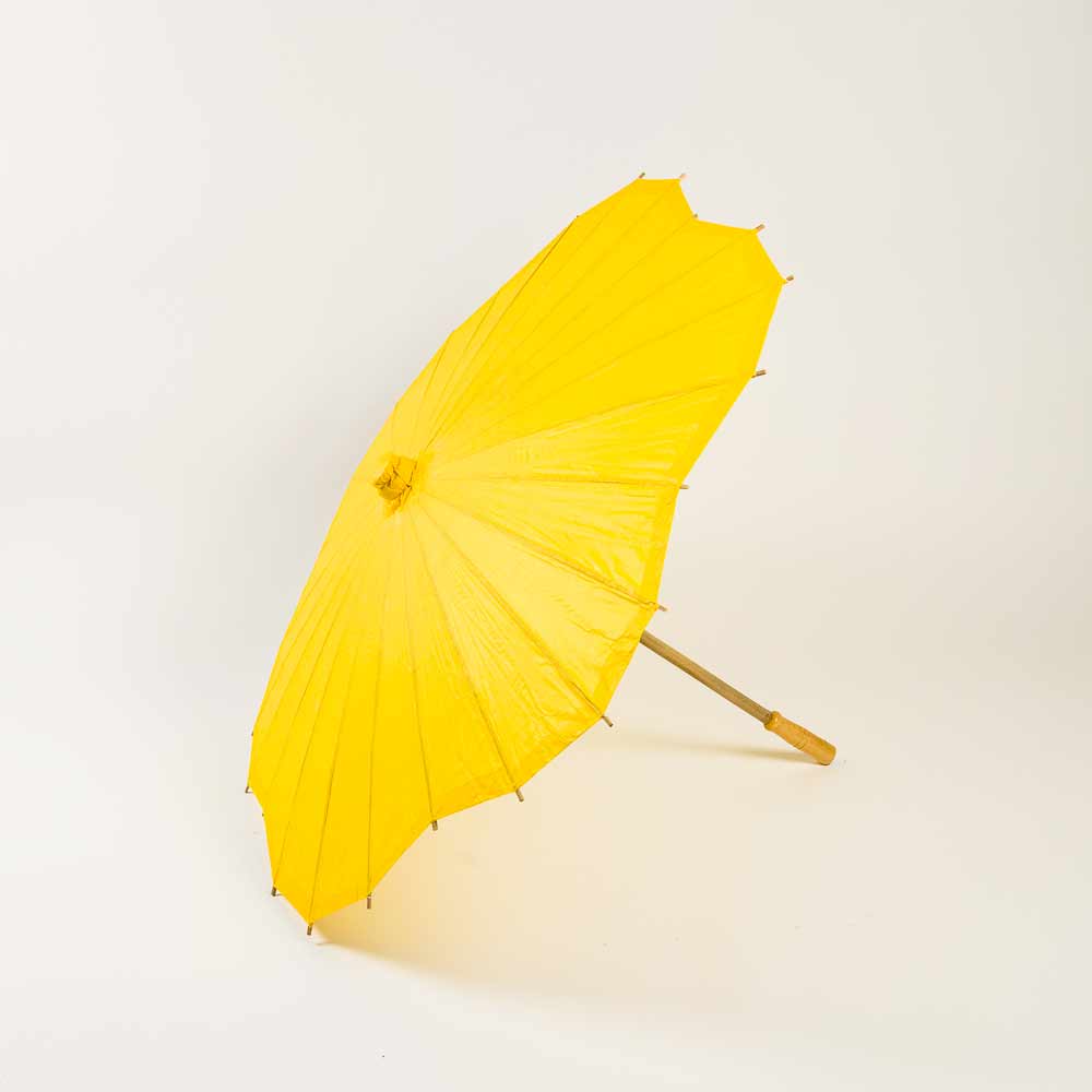 32 Yellow Paper Parasol Umbrella - Scallop Blossom Design with Elegant Wooden Handle for Wedding, Photo Shoot & Garden Party Decor