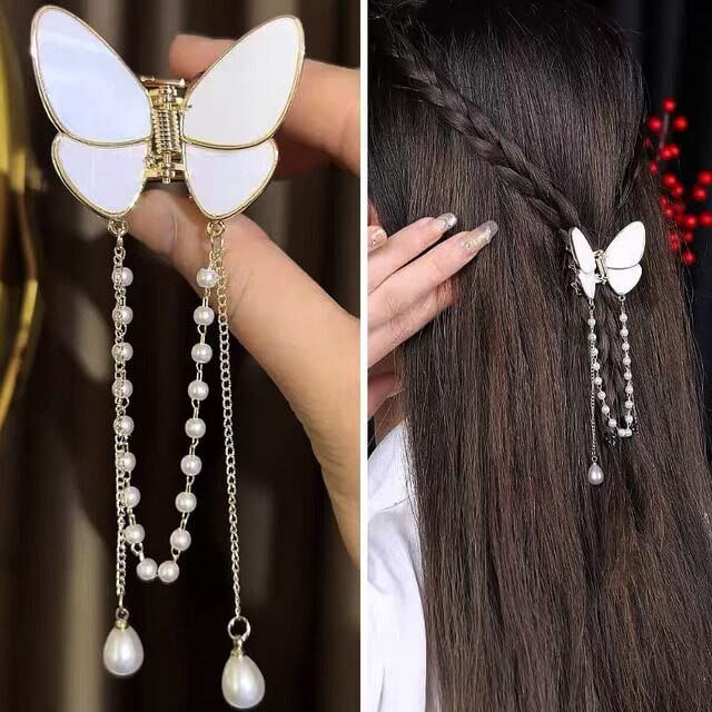 Trendy Club 2-Pack White Pearl Butterfly Metal Hair Claw Clips - Elegant Hair Accessories for Women, Girls | Perfect for Parties, Weddings & Everyday Hairstyles
