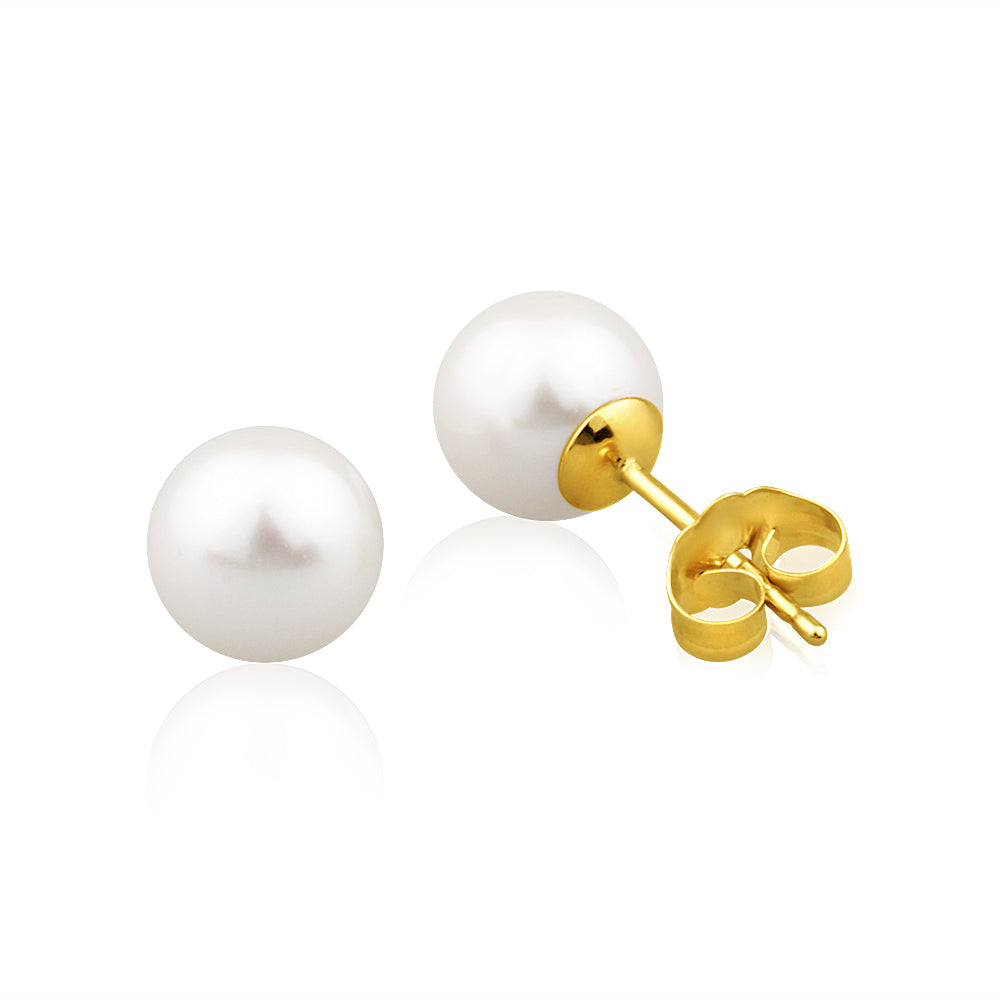 14K Yellow Gold 7mm White Freshwater Pearl Stud Earrings for Women - Classic Elegant Jewelry Gift for Wedding, Anniversary & Everyday Wear