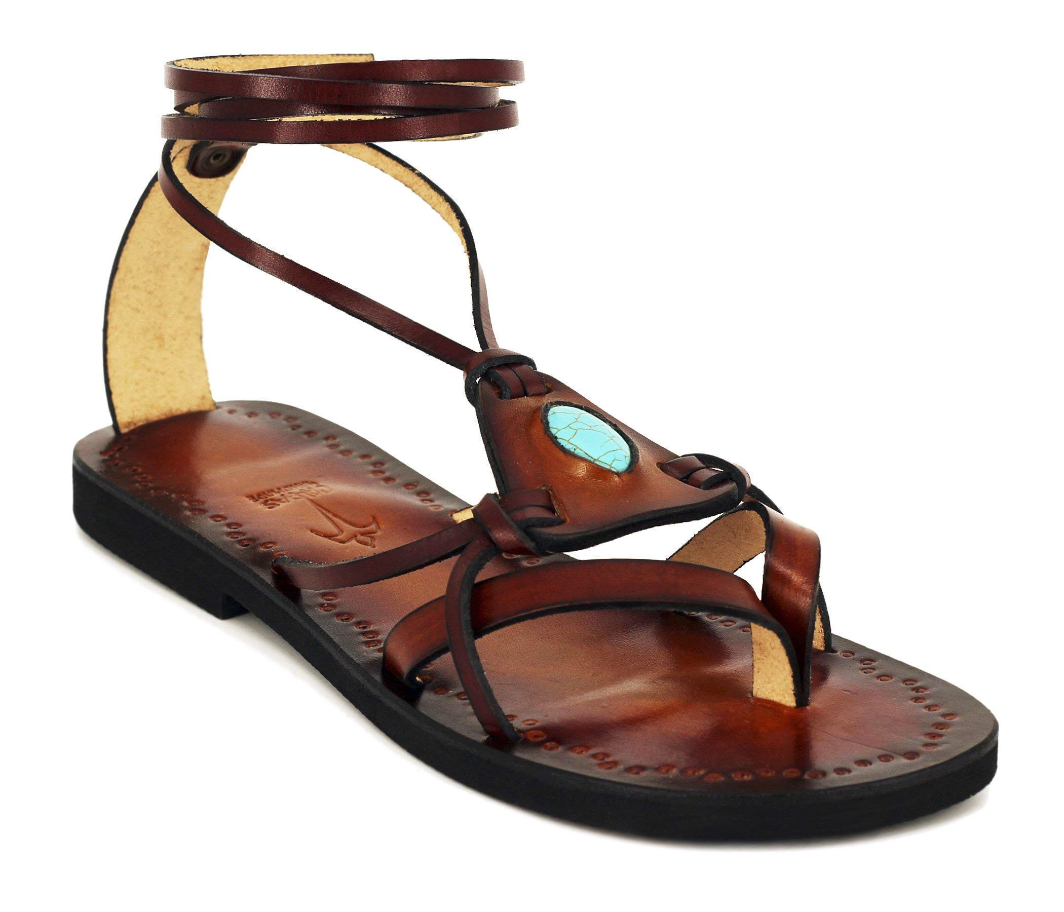 Handmade Boho Turquoise Sandals | Brown Burnished Leather Lace-Up Flat Sandals with Unique Design - Hippie Chic Footwear for Beach, Festival & Summer Outfits