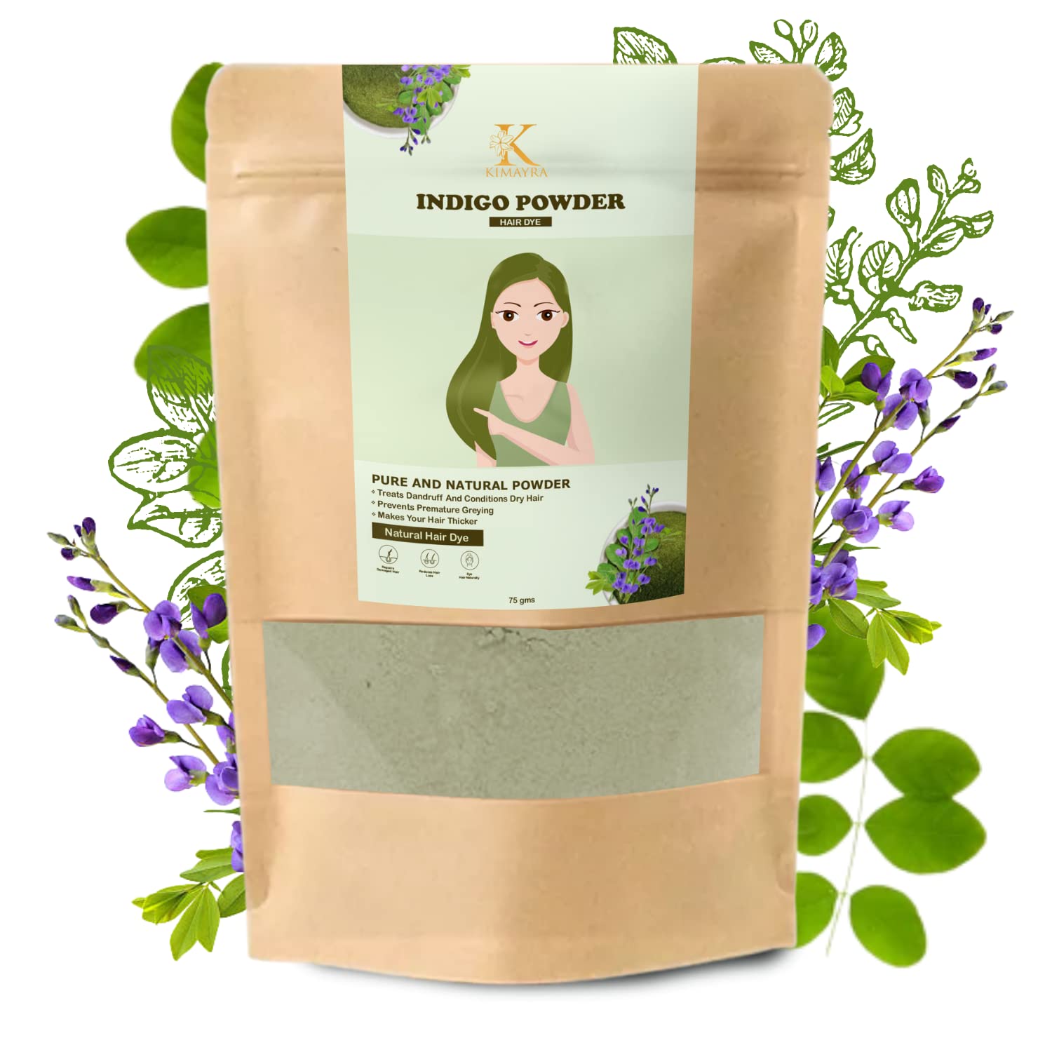Kimayra Natural Indigo Powder Hair Dye – Long Lasting & Safe Hair Color for Women & Men | Promotes Healthy Hair Growth, Reduces Dandruff & Adds Shine | 75g (Pack of 2) | Perfect for DIY Hair Coloring at Home & Natural Hair Care Routine