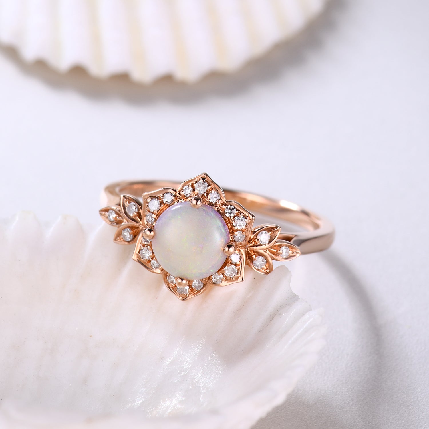 Round White Opal and Moissanite Diamond Engagement Ring - Halo Floral Design for Wedding, Proposal & Anniversary Gifts