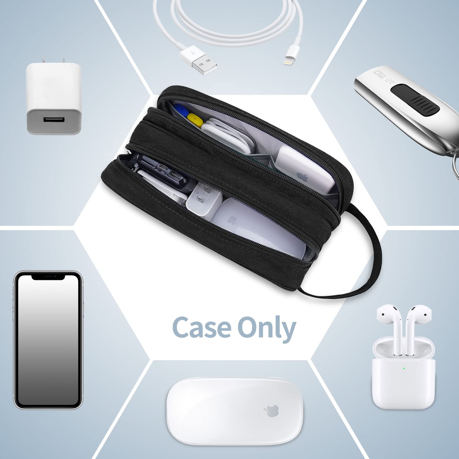 HESTECH Electronics Organizer Travel Charger Case - Waterproof Double Layer Storage Bag for Cables, Mouse, Earbuds, USB Drives (Black, Medium) - Perfect for Travel, Office & Home Organization