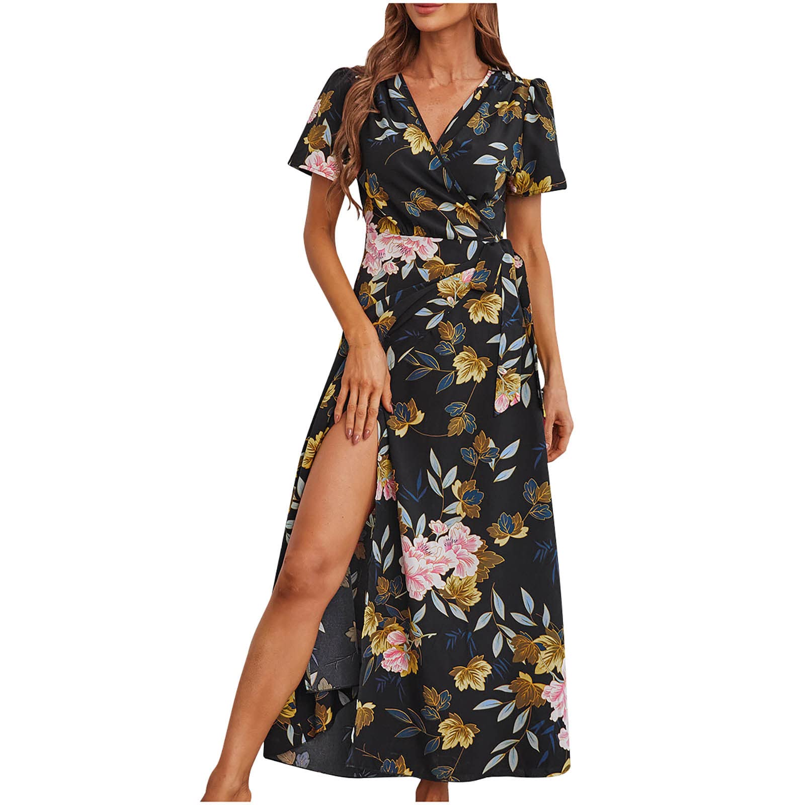 Women's Summer Casual Floral Print Bandage Dress - Short Sleeve V-Neck Sexy Maxi Dress for Evening Party & Beach Wear | Split Design Comfortable Outfit for Women 2022