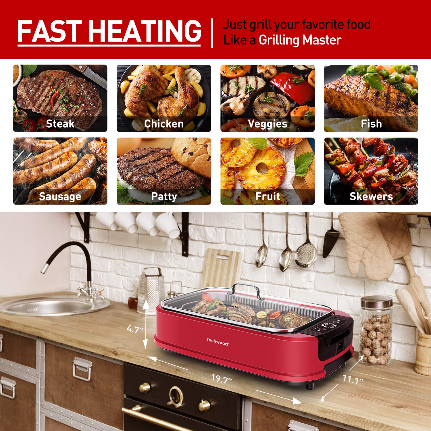 Techwood 1500W Electric Smokeless Indoor Grill - Portable Korean BBQ Grill with Non-Stick Plates, Adjustable Temperature Control, Removable Drip Tray & Tempered Glass Lid - Dishwasher Safe for Healthy Cooking at Home, Office or Camping