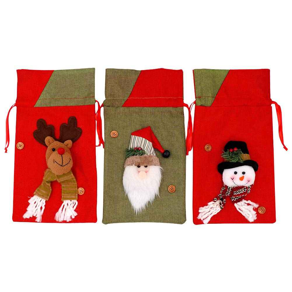 OurWarm 3D Santa Claus Snowman Reindeer Christmas Gift Bags Bulk - 15x8 Inch Large Drawstring Burlap Sacks, Reusable Xmas Party Treat Goody Bags for Holiday Gifting, Stocking Stuffers & Festive Decorations