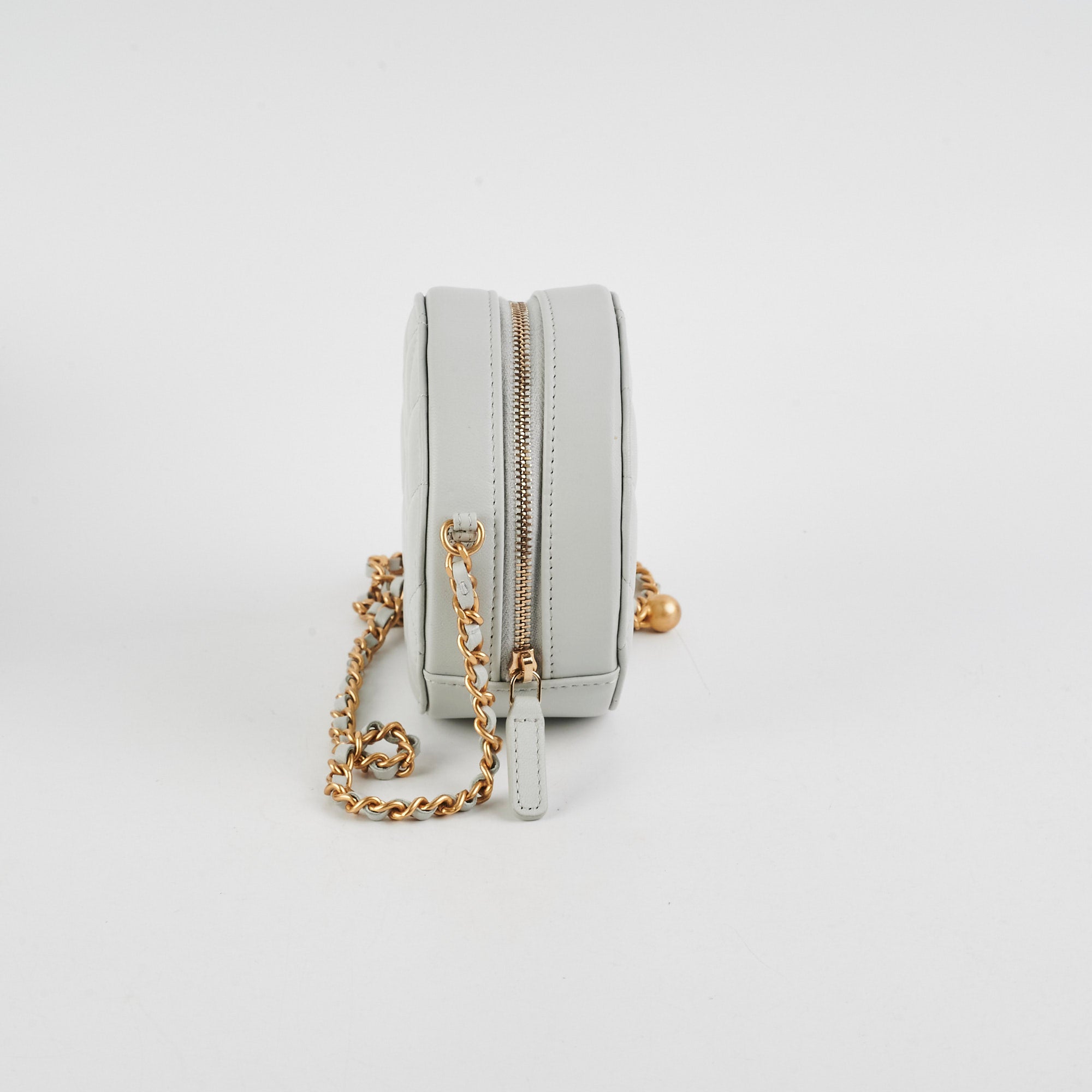 Chanel Round Pearl Crush Clutch With Chain - Grey Lambskin Leather Crossbody Bag for Women | Elegant Evening Party & Wedding Accessory