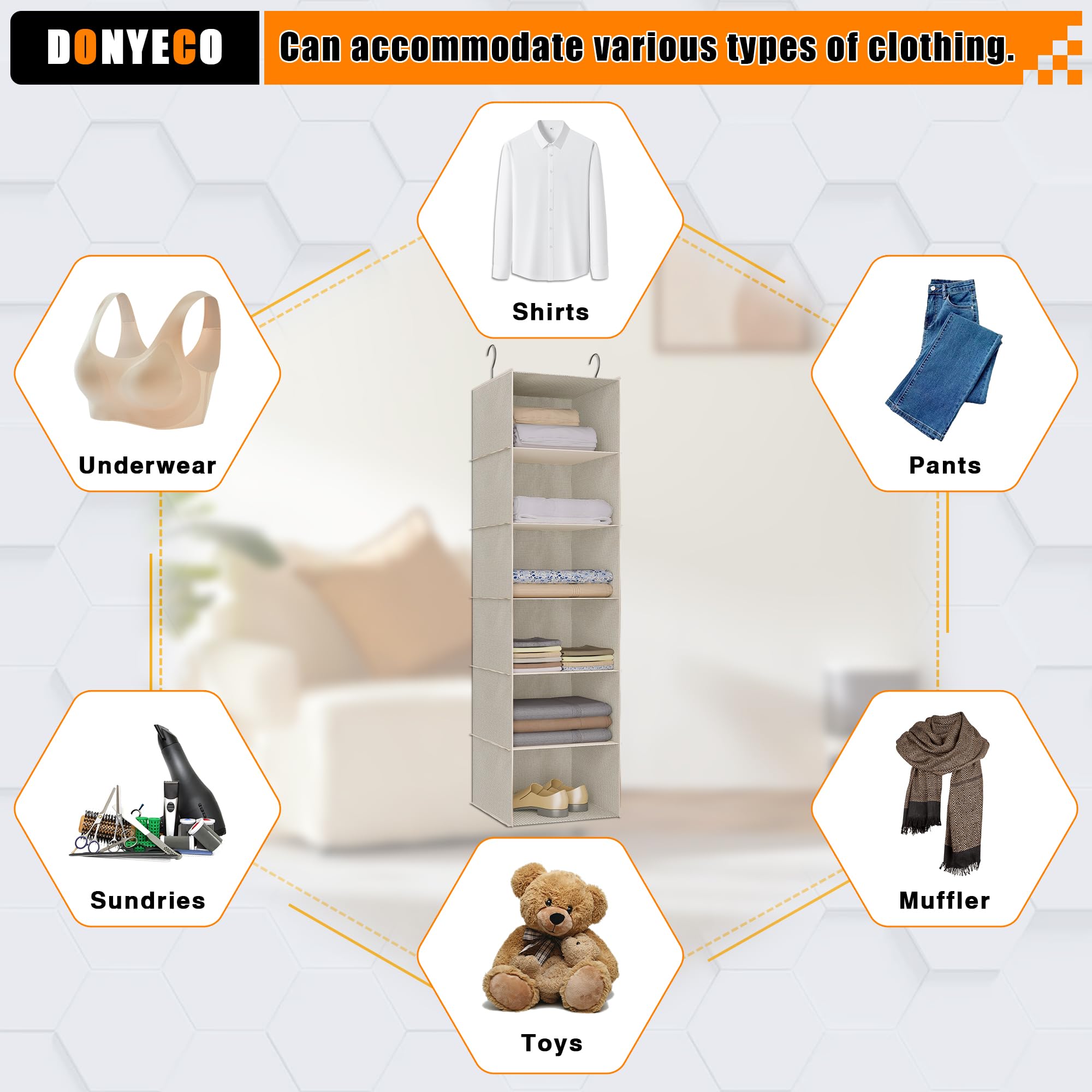 6-Shelf Hanging Closet Organizer for RV, Wardrobe & Nursery - Space Saving Storage Solution for Clothes, Linens & Baby Items - Perfect for Campers, Bedrooms & Small Spaces