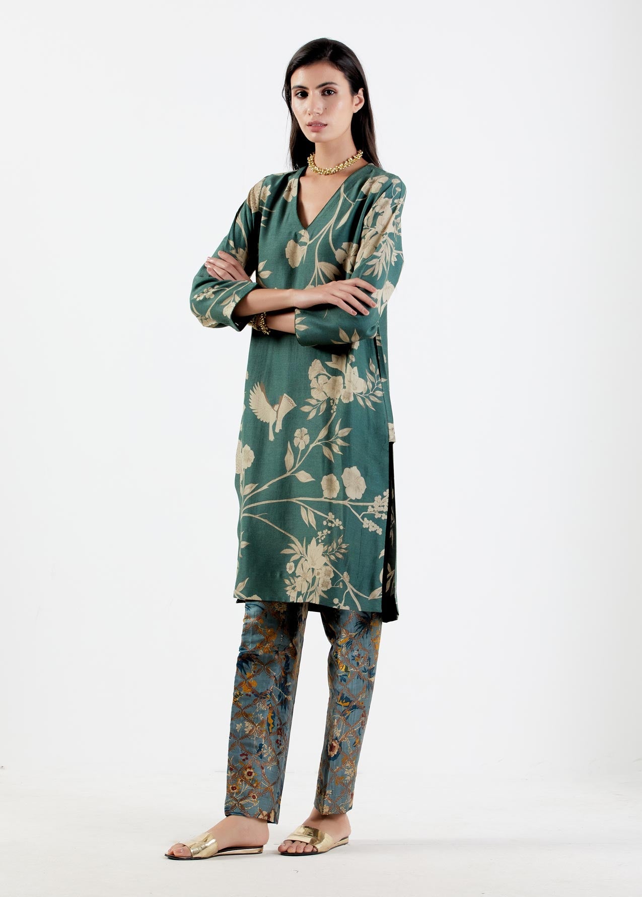 Elegant V Neck Kurta for Women - Premium Muga Satin Fabric with Forest Print - Perfect for Festivals, Parties & Casual Wear