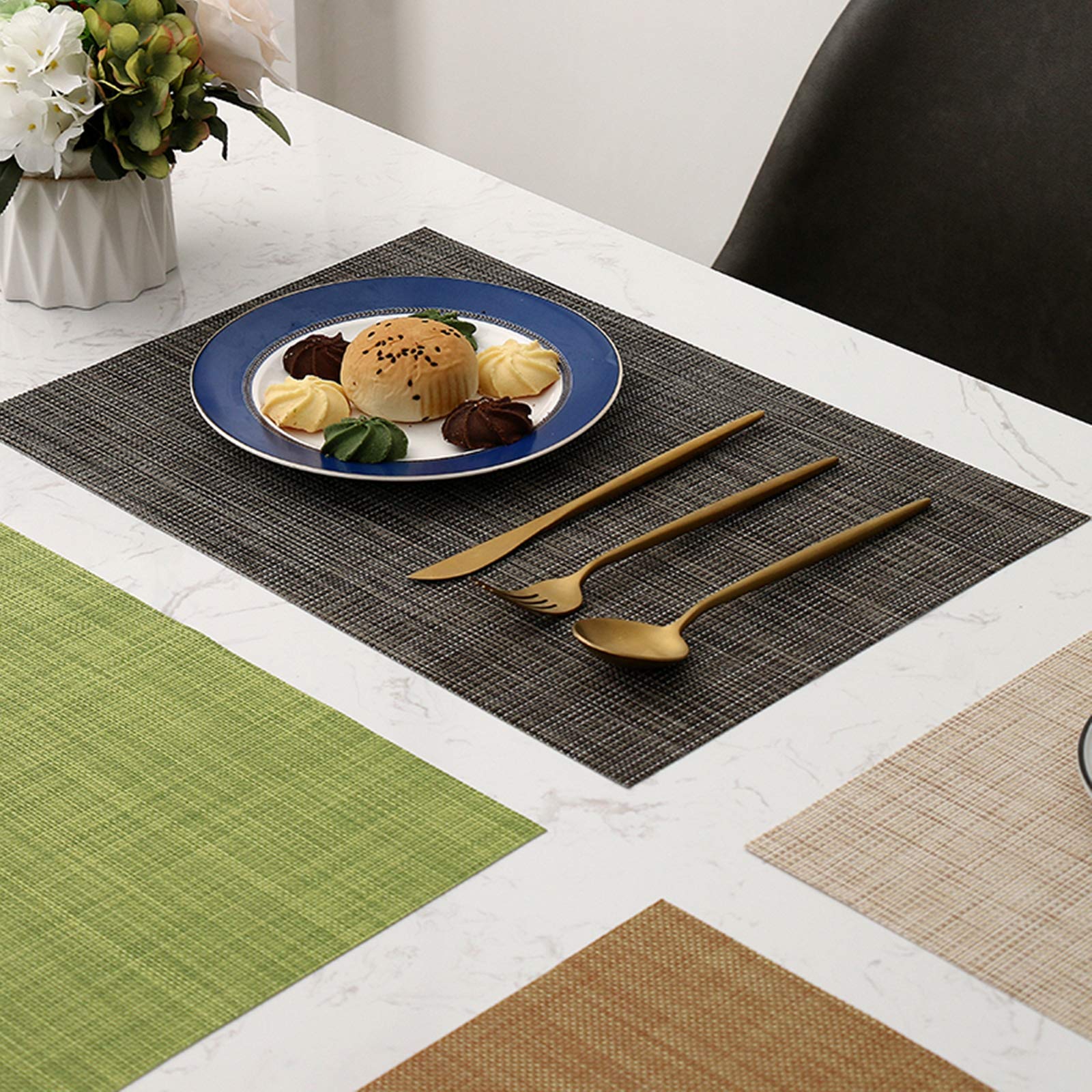6-Pack Woven Washable Vinyl Placemats for Kitchen & Dining Table - Wipeable, Durable & Stylish (Grey) - Perfect for Everyday Meals, Dinner Parties & Home Decor