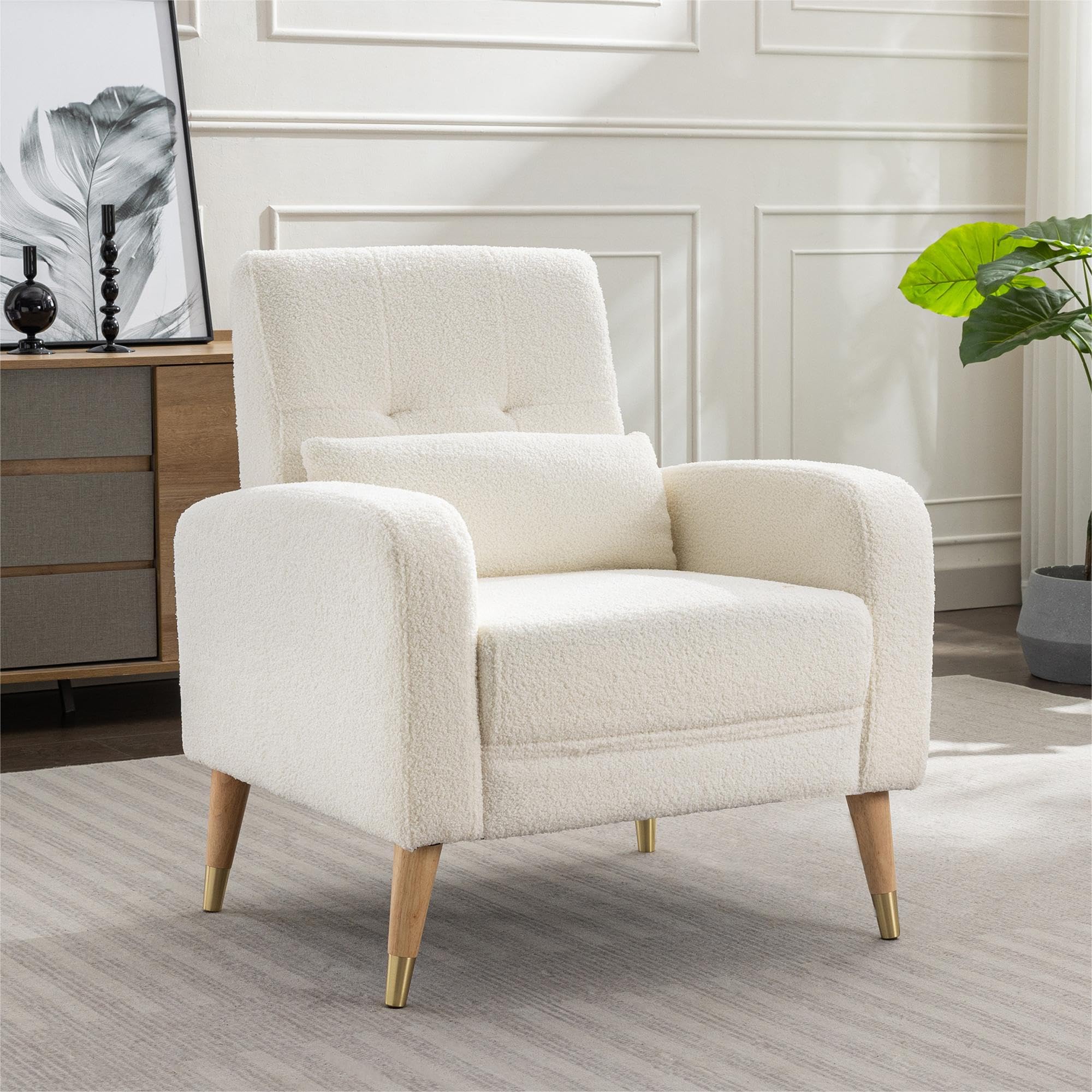 Mid-Century Modern Accent Chair - Upholstered Armchair with Sturdy Legs for Living Room & Bedroom - Comfy Single Sofa Chair in White - Perfect for Lounge, Reading Nook or Home Office Decor