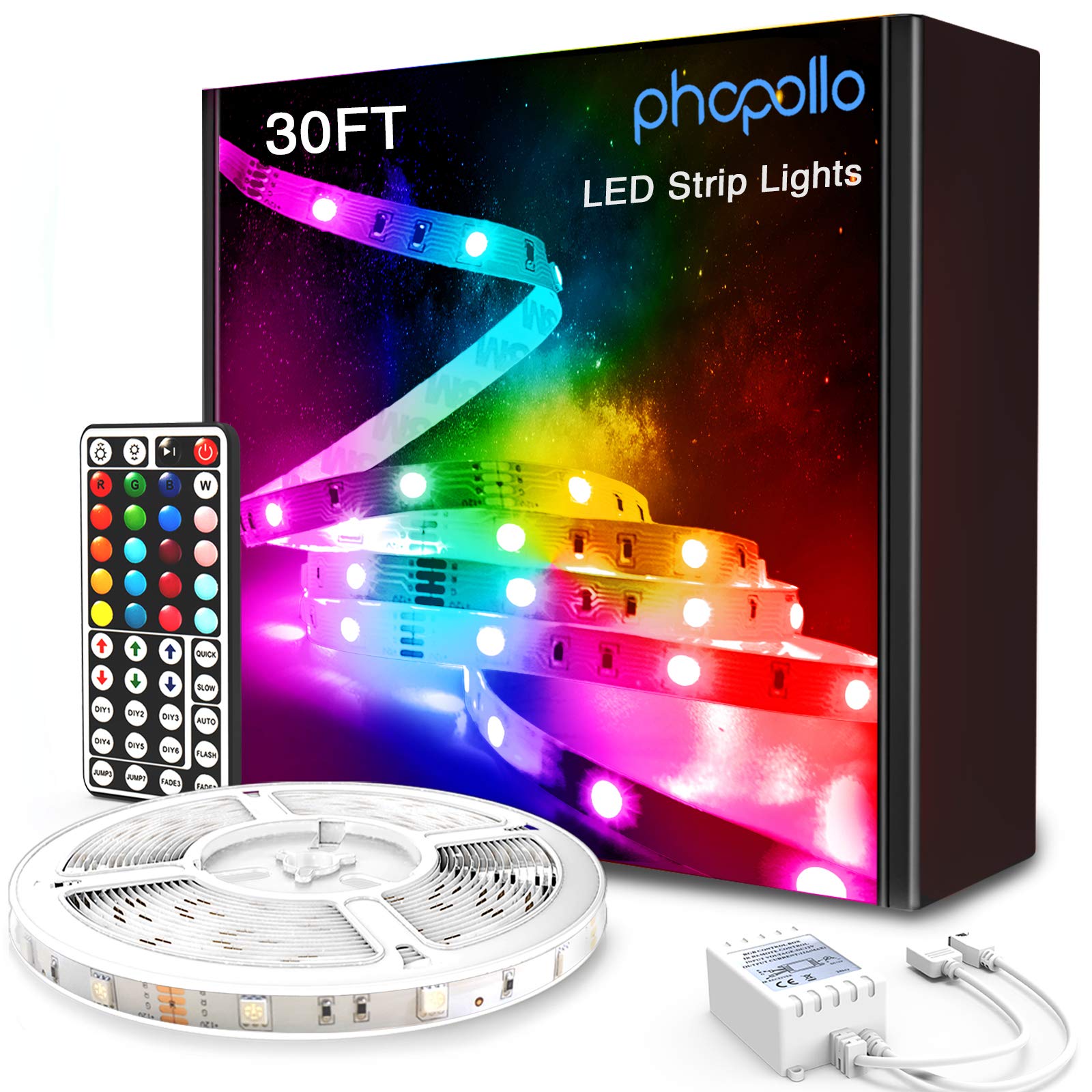 PHOPOLLO 30ft 5050 LED Strip Lights - Flexible RGB Color Changing Light Strips with 44-Key Remote & 12V Power Supply for Bedroom, Kitchen, Gaming Room, Home Decor