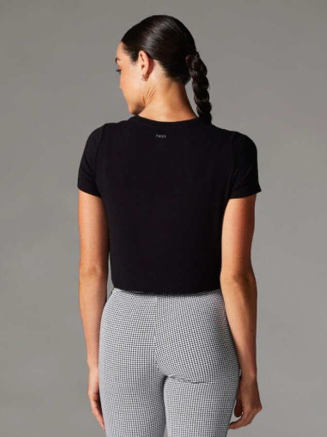 Tavi Ribbed Women's Tee Top - Soft Stretch Short Sleeve T-Shirt for Women in Ebony Black | Casual Wear, Layering & Everyday Outfits