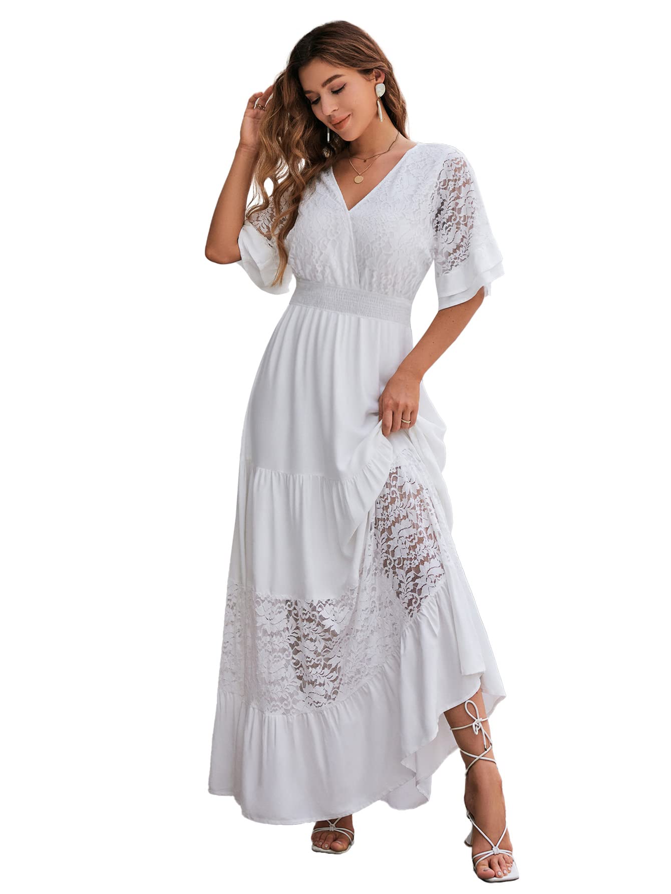 Elegant Women's V-Neck Lace Maxi Dress with Ruffle Hem & Flowy Short Sleeves - Boho Chic Formal Gown for Wedding Guest, Party & Special Occasions