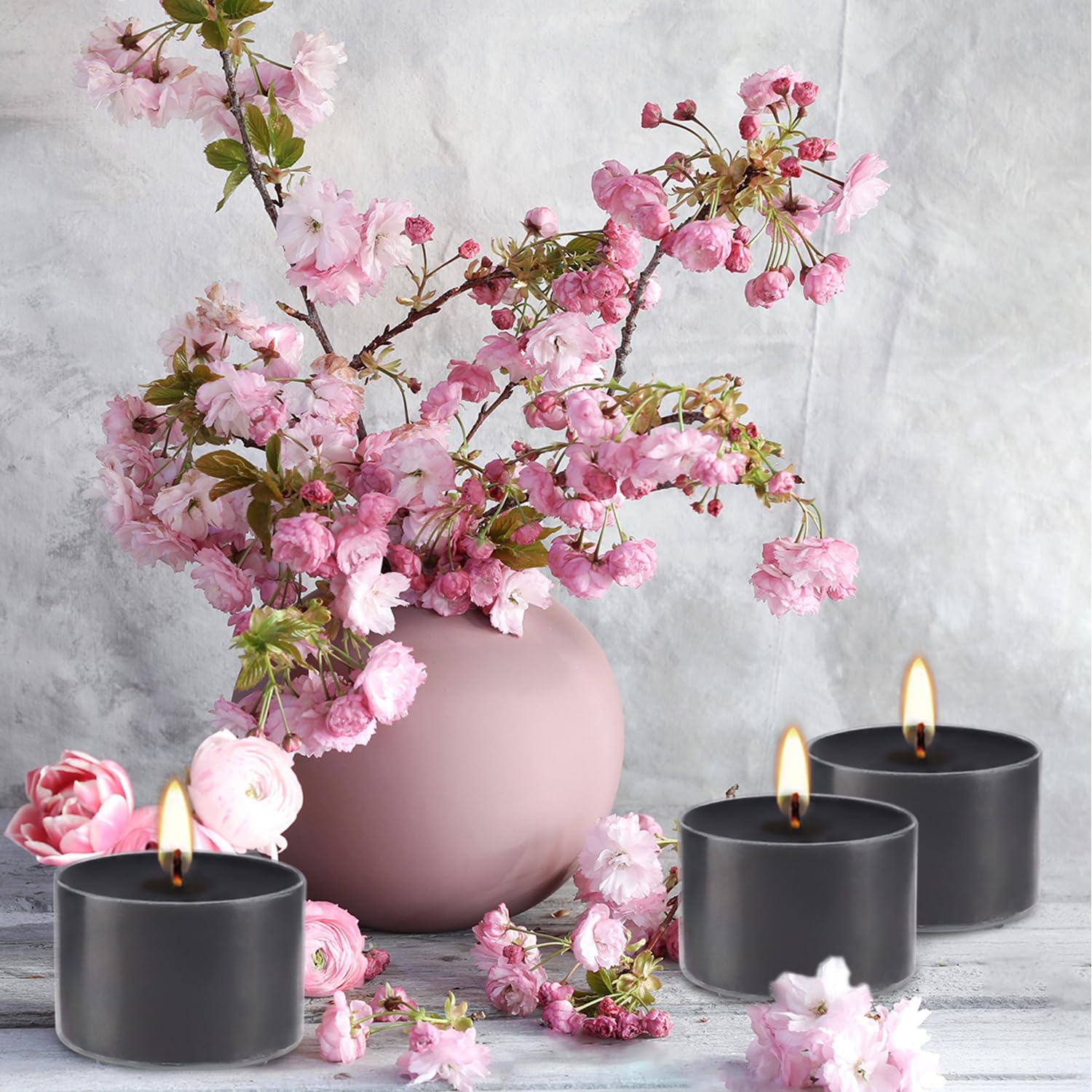 50 Pack Clear Tealight Candles - Cherry Blossom Scented, Smokeless, 8 Hour Burn Time for Weddings, Parties & Emergency Use - Romantic Ambiance & Home Decor (Black)