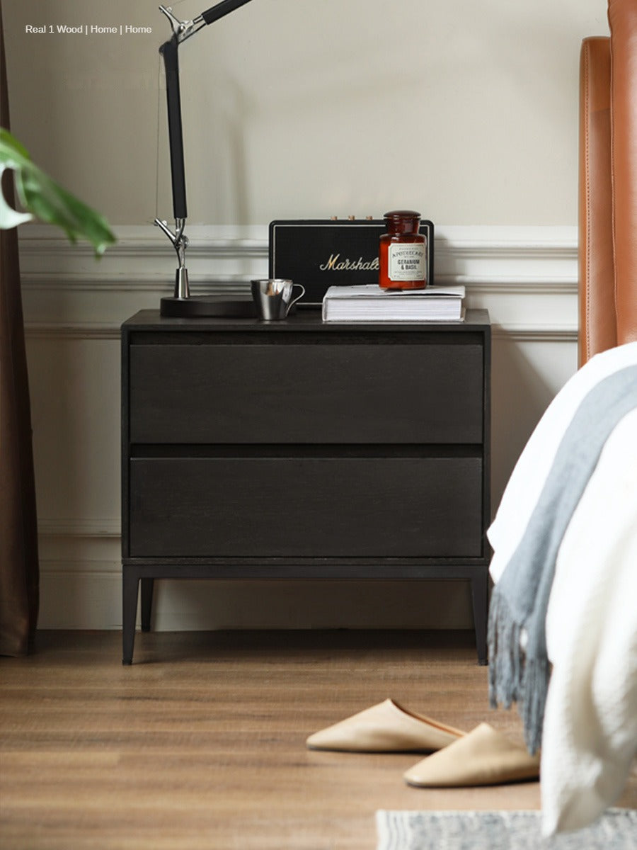 Solid Oak Wood Nightstand in Smoke Finish - Modern Bedside Table for Bedroom, Living Room, or Office