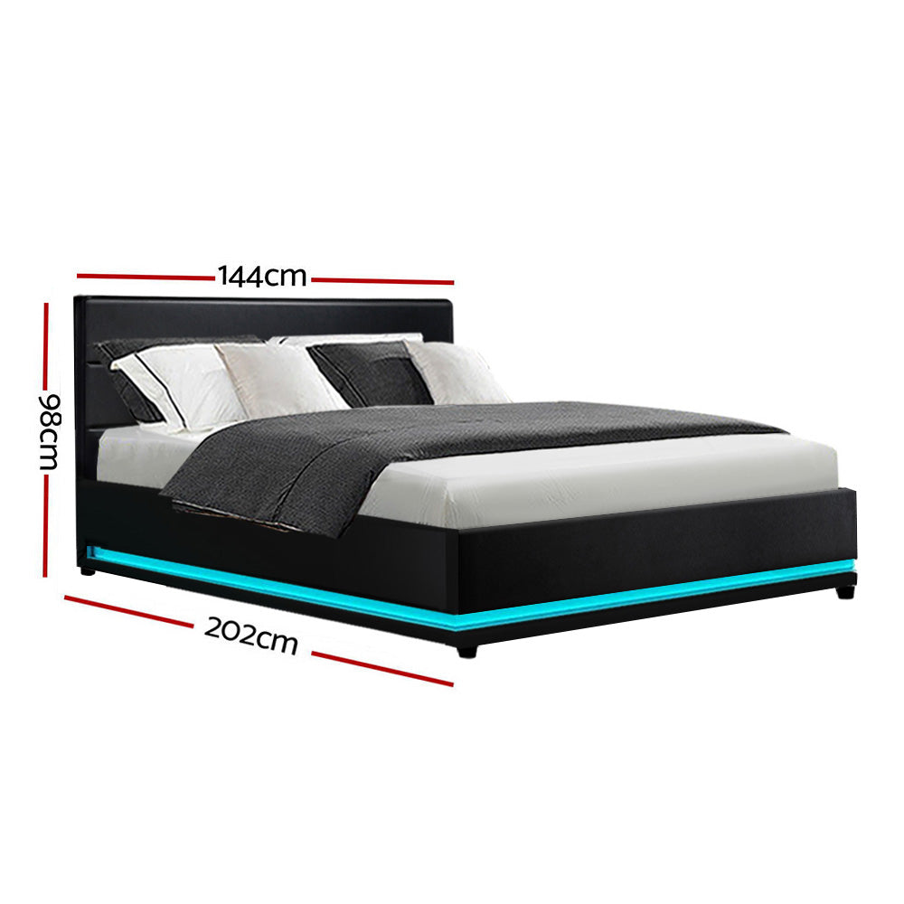 Henley Double Gas Lift Storage Bed Frame with LED Lights - Queen Size, Black - Modern Platform Bed with Underbed Storage for Small Spaces, Bedroom Furniture Upgrade