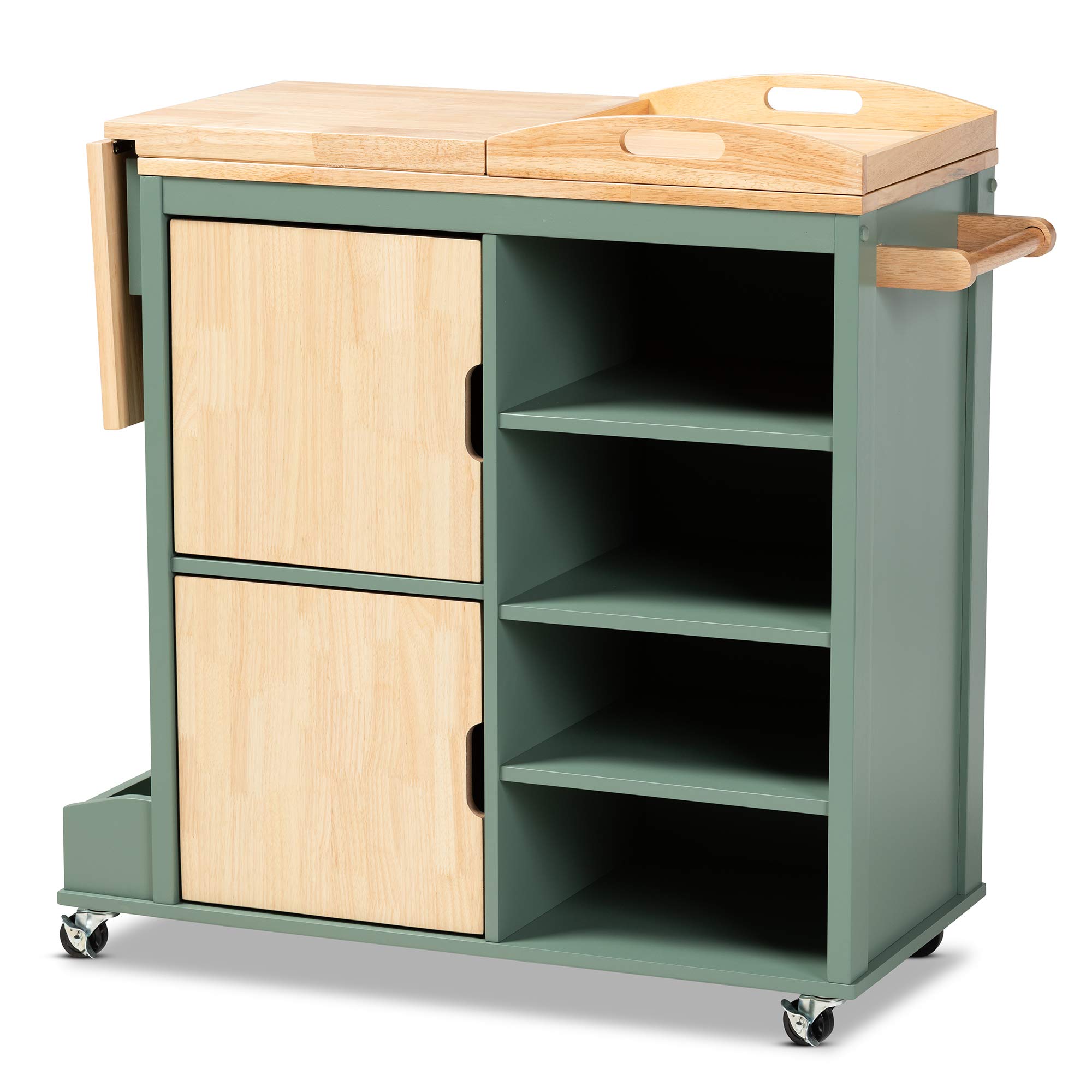 Baxton Studio Rolling Utility Cart with Wheels - Green/Natural Wood Finish for Kitchen, Office, or Craft Room Organization