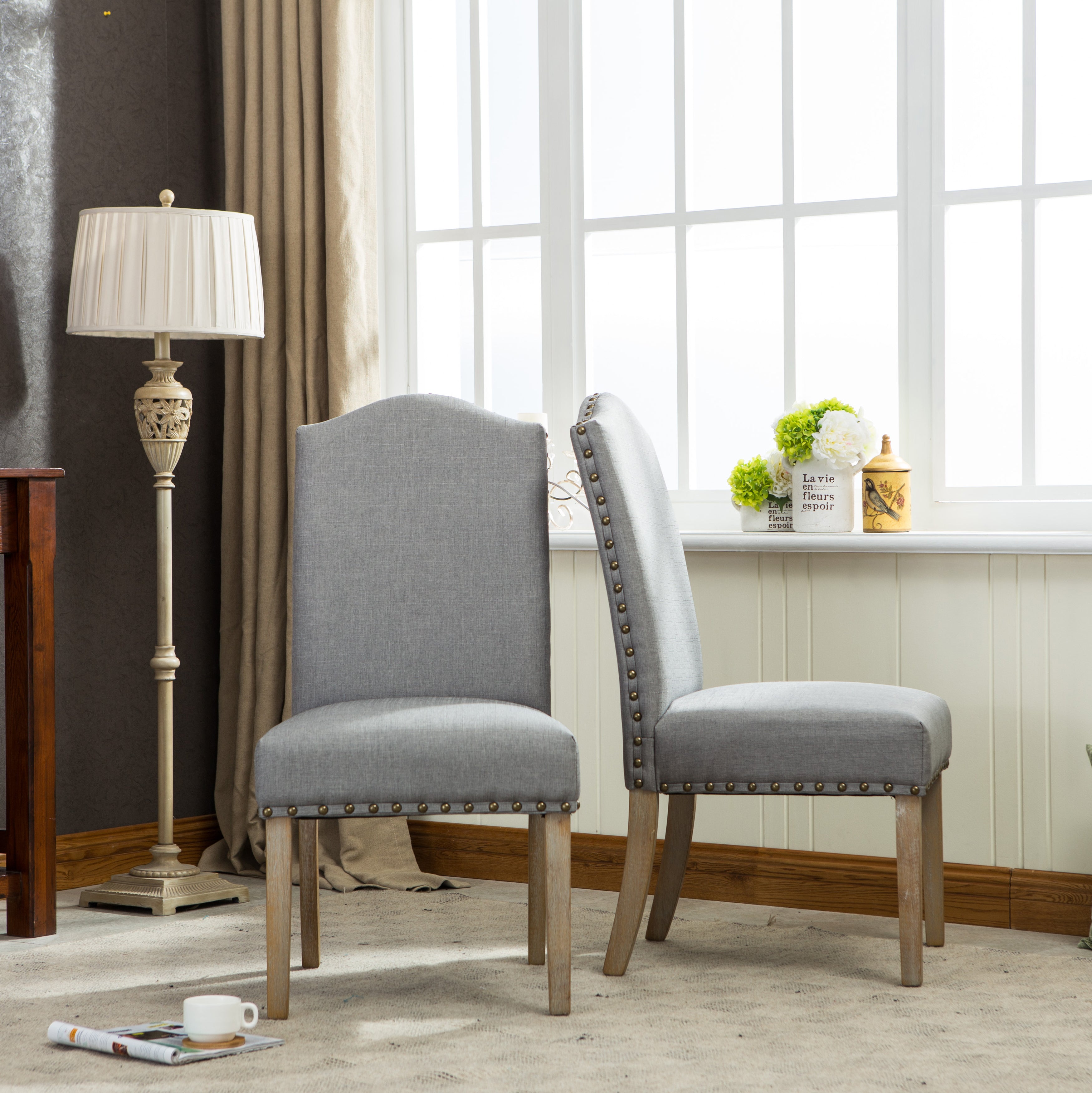 Roundhill Furniture Mod Urban Style Solid Wood Nailhead Fabric Padded Parson Chairs (Set of 2, Grey) - Perfect for Dining Room, Kitchen, Office or Home Decor
