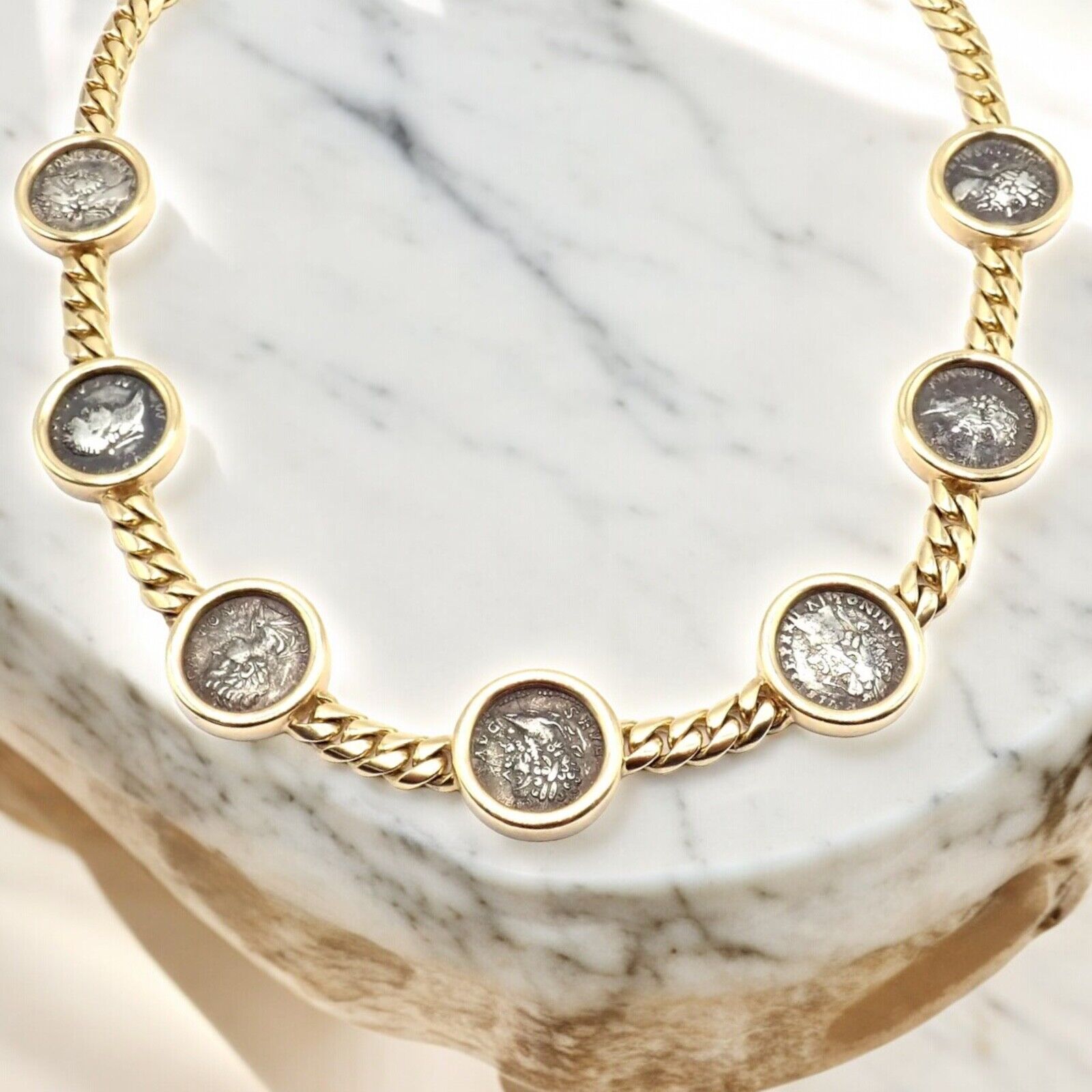 Vintage Bvlgari Bulgari 18k Yellow Gold 7 Antique Coin Monete Link Necklace - Luxury Italian Jewelry for Women, Perfect for Parties & Special Occasions