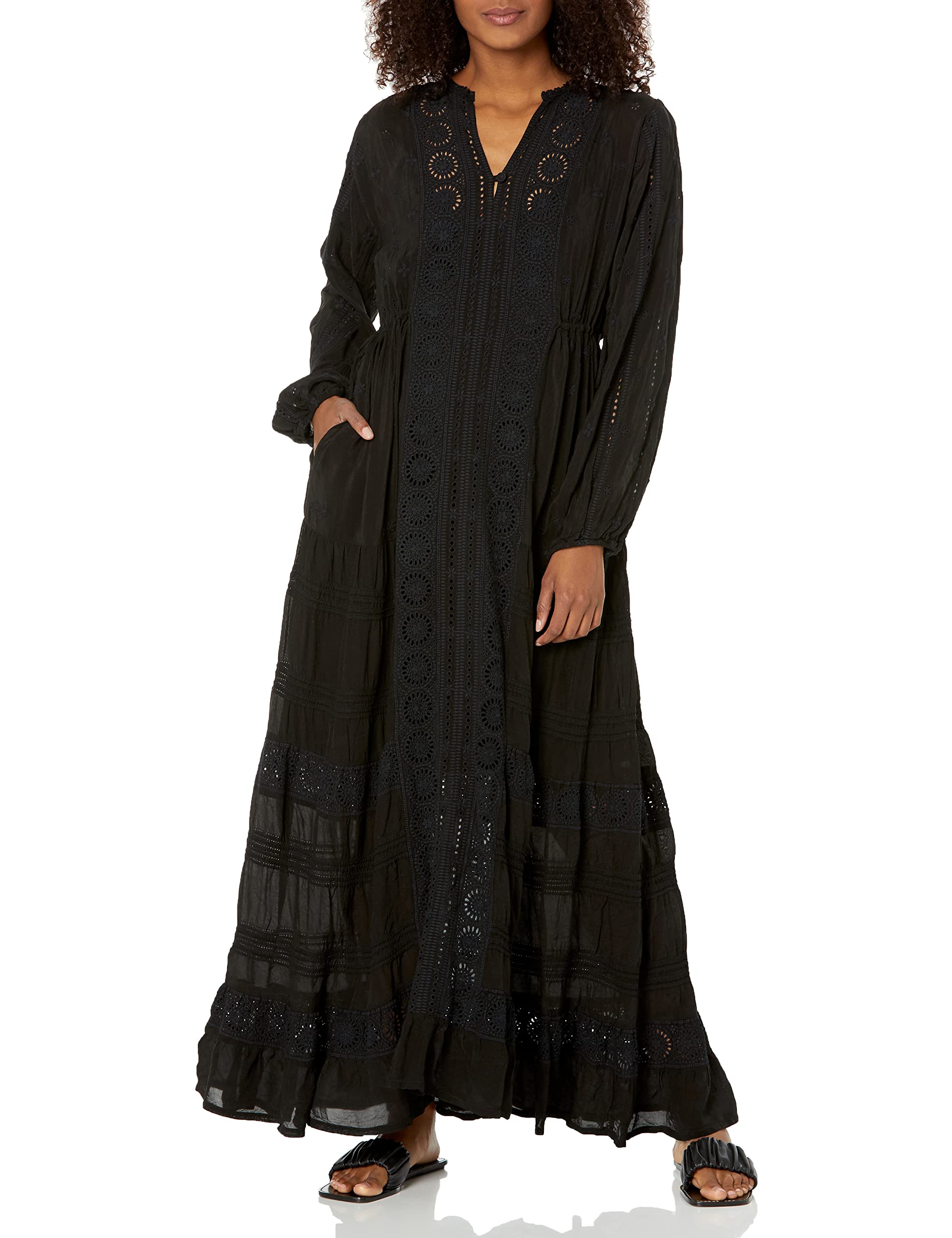Johnny Was Women's Bohemian Floral Print Long Sleeve Tiered Maxi Dress for Casual Wear, Beach Cover Up & Special Occasions