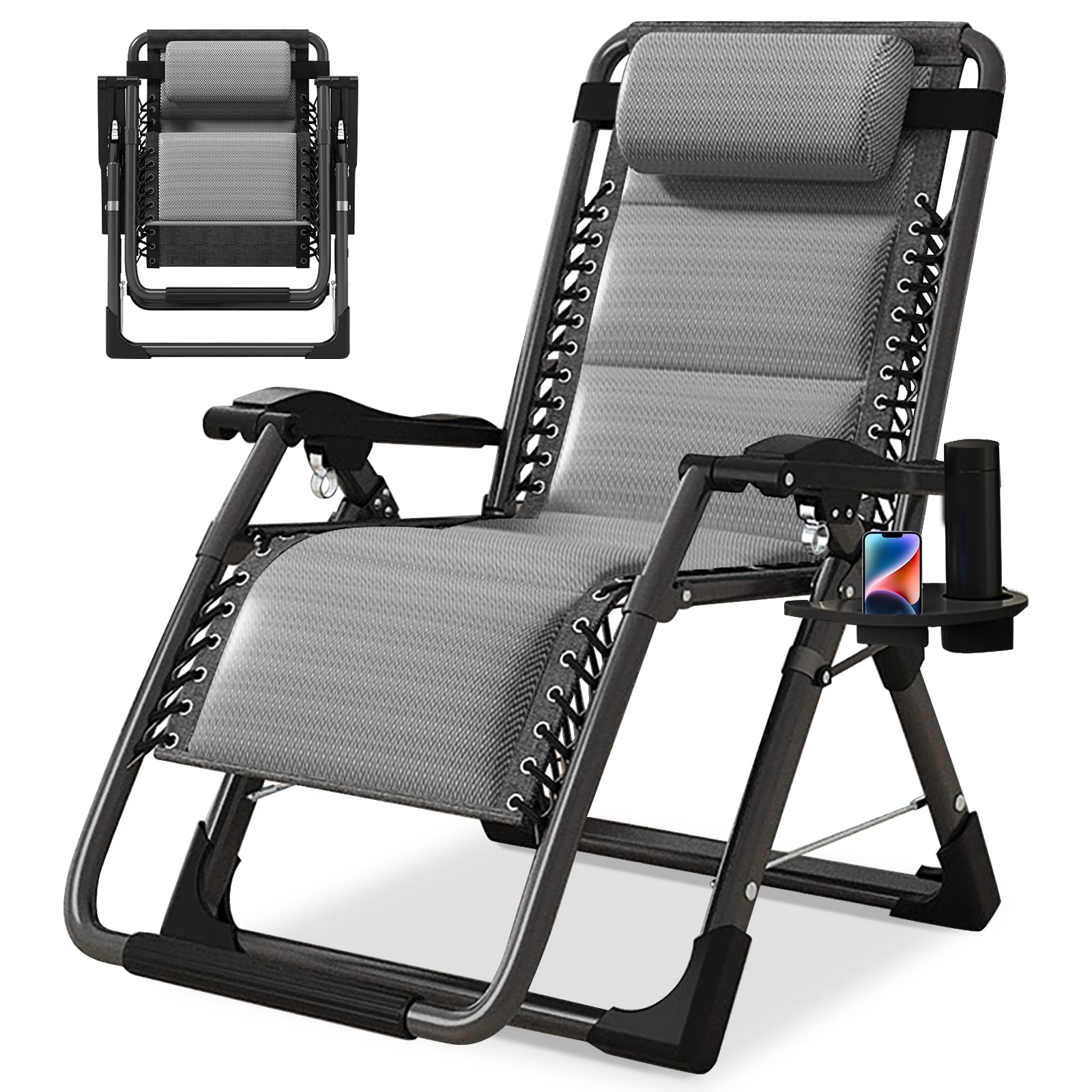 Barbella Zero Gravity Reclining Lounge Chair - Adjustable Folding Patio Chair with Removable Cushion, Headrest & Cup Holder - Perfect for Backyard, Poolside, Camping & Indoor Relaxation