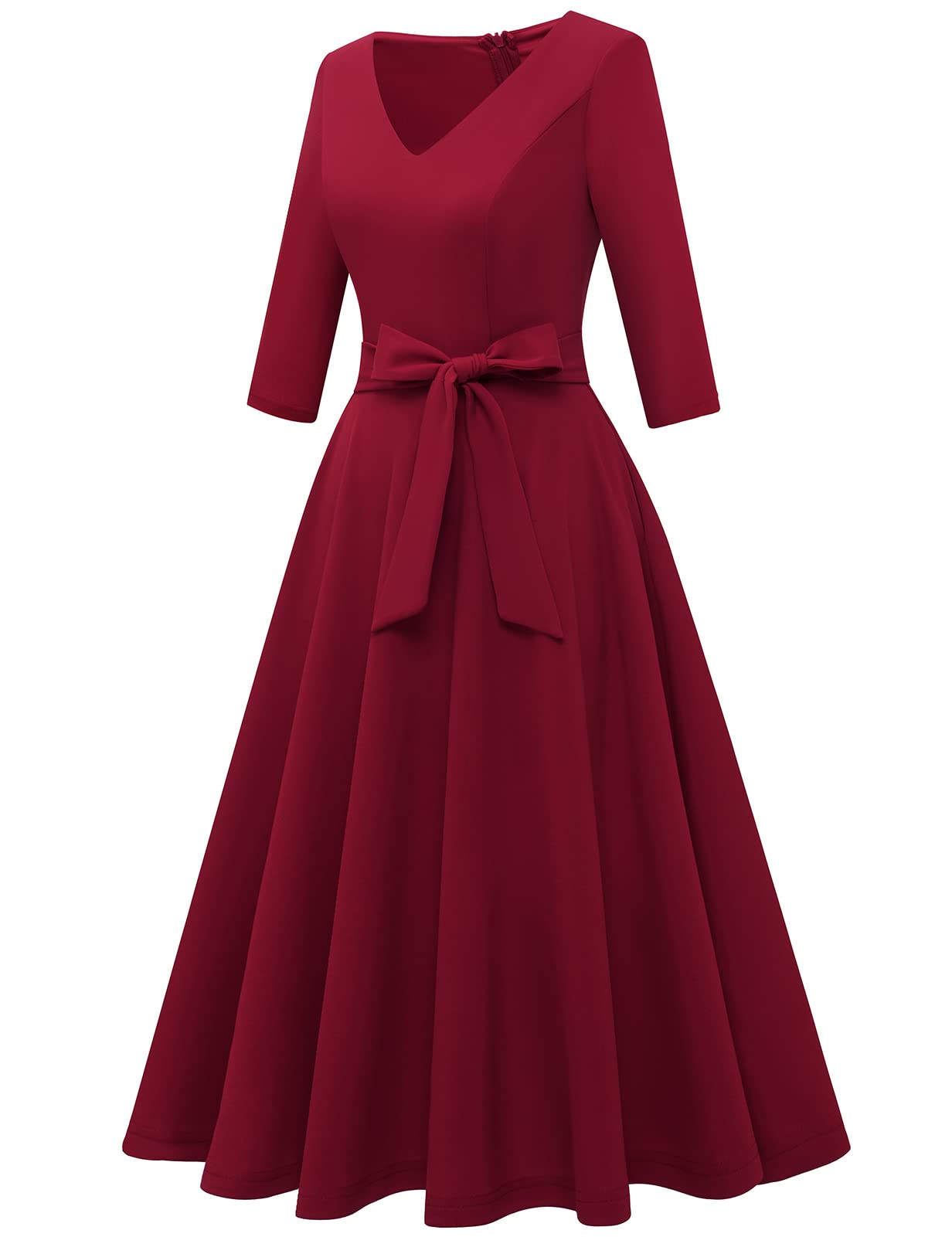 Bbonlinedress Women's Vintage Tea Dress - Elegant V-Neck 3/4 Sleeve Cocktail Midi Dress for Church, Prom & Casual Wear | Perfect for Garden Parties, Afternoon Tea & Special Occasions