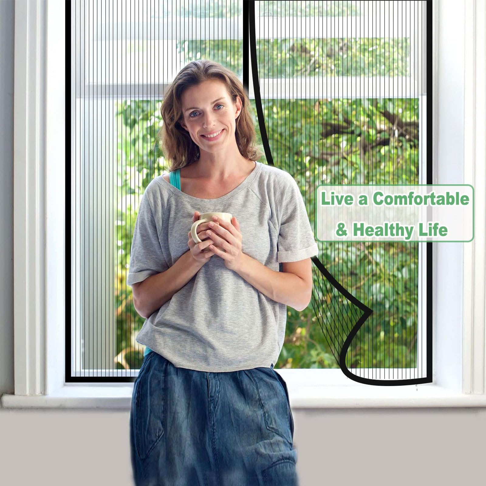 Magnetic Window Screen 72x62 Inch - Black Mosquito Net for Doors & Windows | Keep Bugs Out | Easy Installation