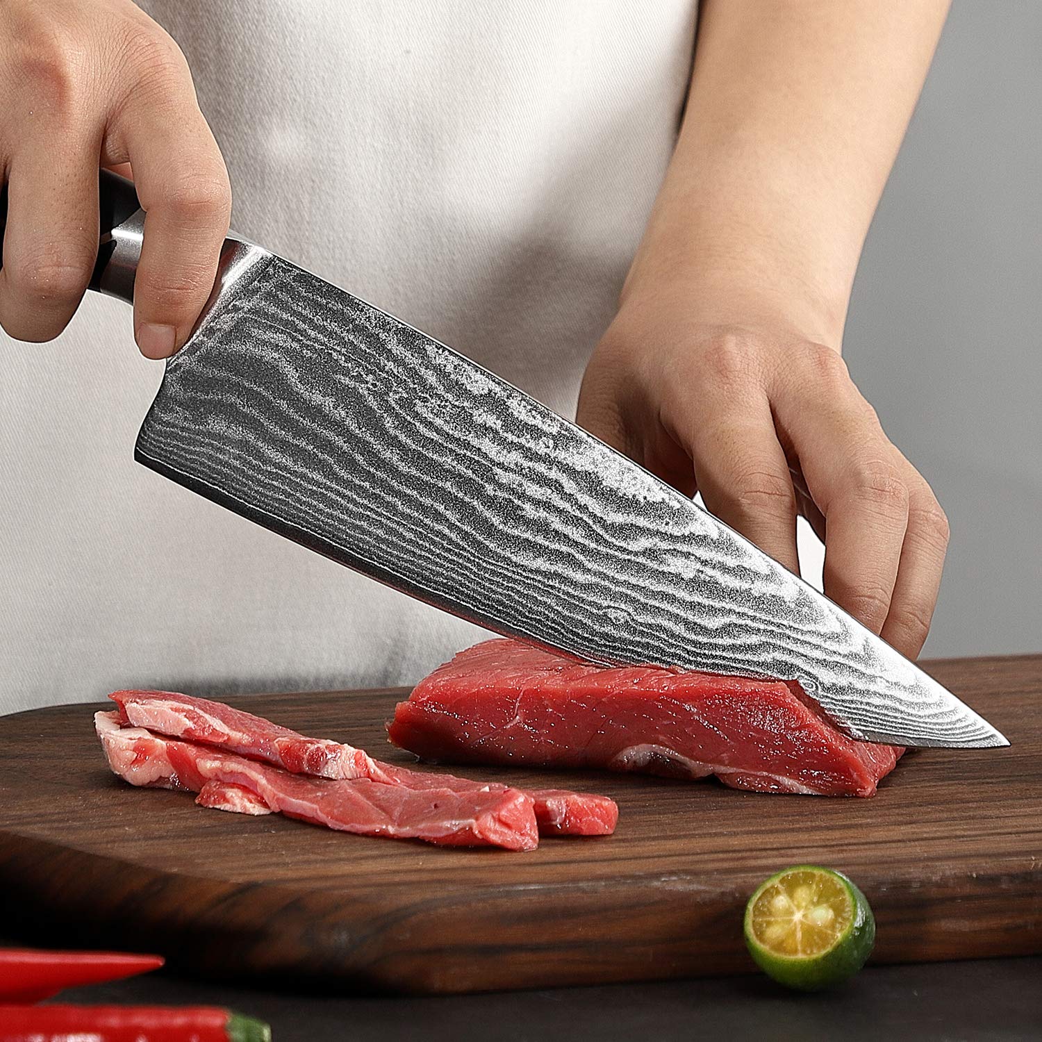 Premium Damascus Steel Kitchen Knife Set - 9-Piece Chef Knives with Wooden Block, Ergonomic ABS Handles, Knife Sharpener & Kitchen Shears - Perfect for Home Cooking, Professional Chefs & Gourmet Food Preparation