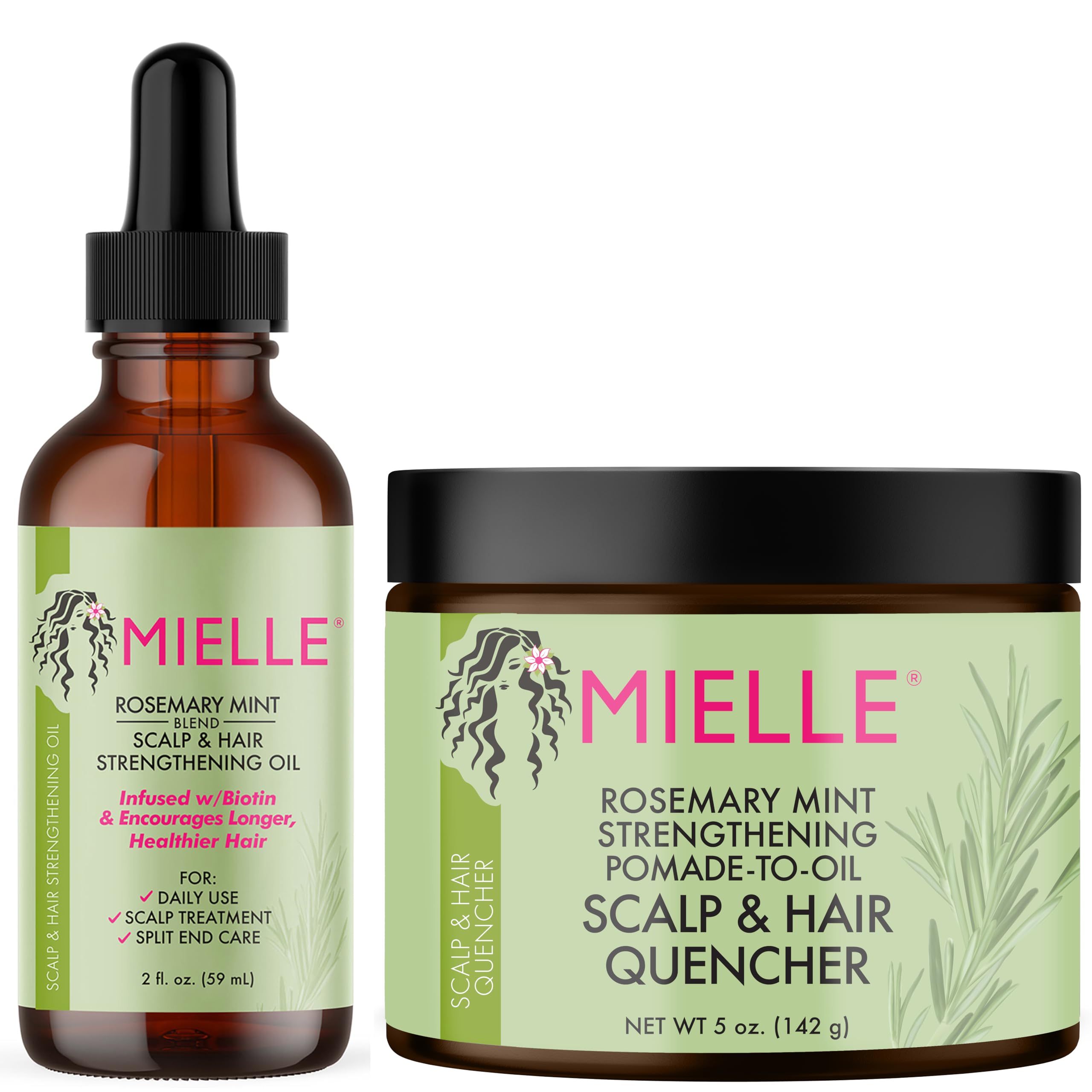 Mielle Organics Rosemary Mint Hair Oil & Pomade-To-Oil Quencher Bundle - Scalp Treatment for Hair Growth & Strengthening - Perfect for Dry, Damaged Hair & Natural Hair Care Routine