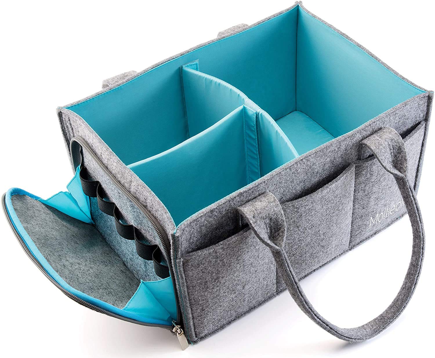 Premium Baby Diaper Caddy Organizer - Portable Nursery Storage Bin with Zipper Pocket | Heavy Duty 5mm Felt Craft & Car Seat Tote | Grey & Turquoise Baby Essentials Organizer for Nursery, Travel & On-the-Go Parents