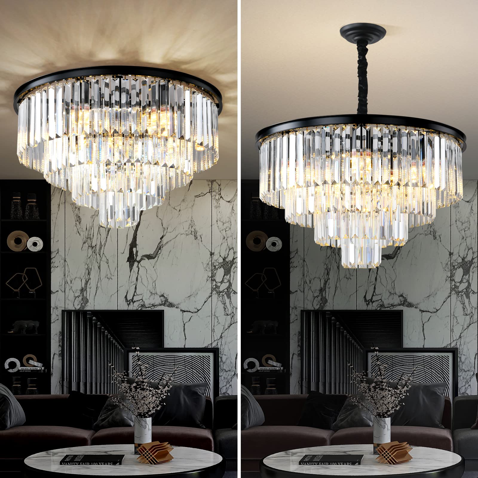 Modern Black Crystal Chandelier - 4-Tier Round Flush Mount Ceiling Light with Adjustable Height, Elegant Pendant Lighting for Dining Room, Living Room, Bedroom, Kitchen, Hotel Lobby | Perfect for Home Decor, Wedding Venues & Luxury Interior Design