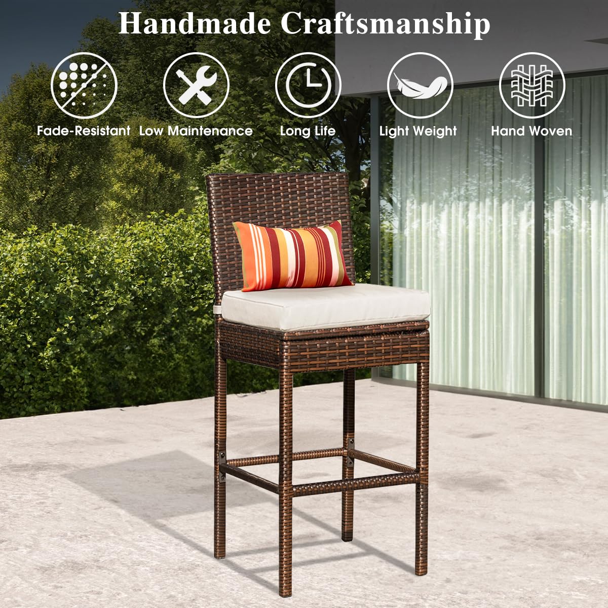 Sundale Outdoor Wicker Bar Stool Set of 4 - 30 Inch Rattan Counter Height Stools with Backrest & Beige Cushions - Brown Steel Frame Patio Furniture for Poolside, Deck, or Outdoor Dining Areas