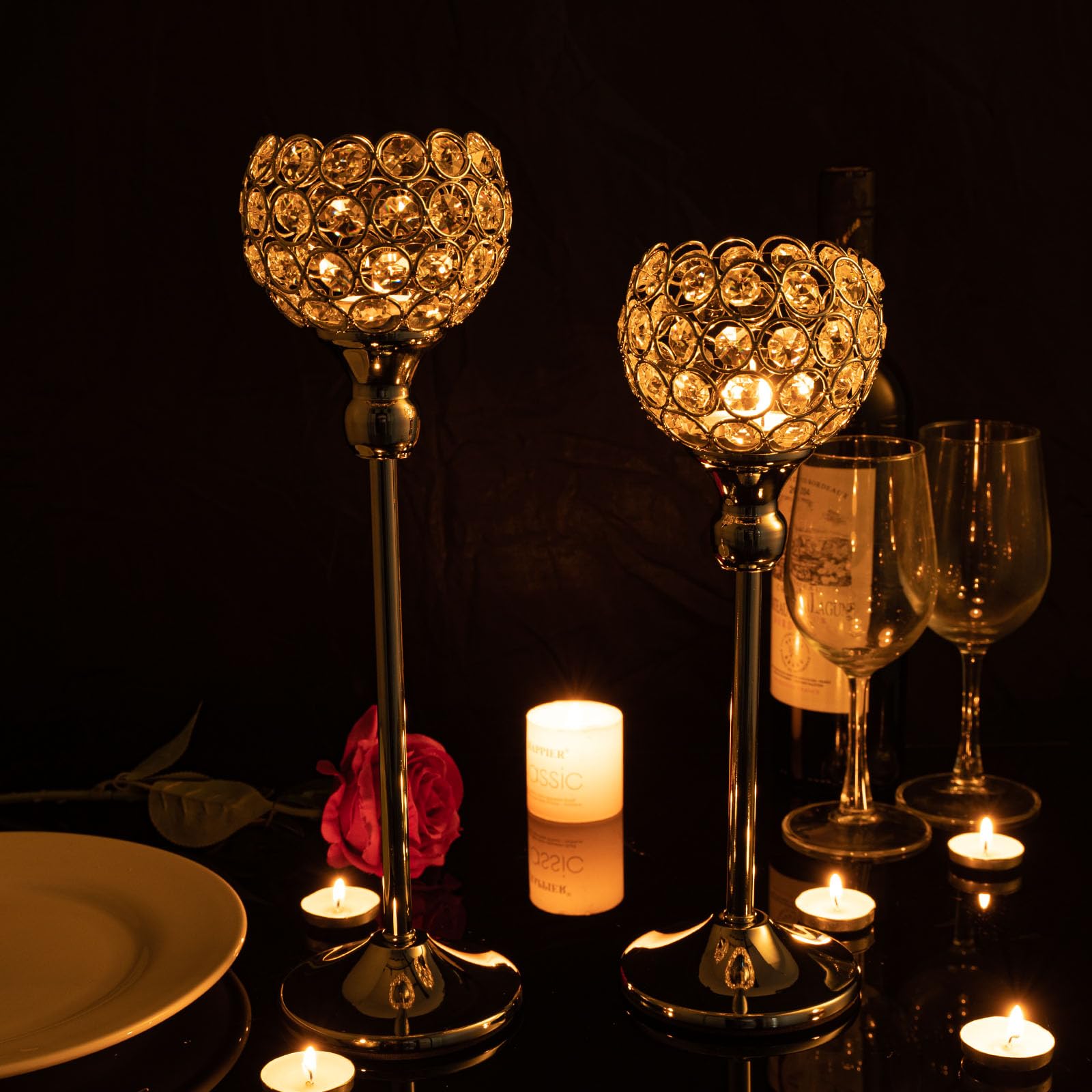 VINCIGANT Silver Crystal Votive Candle Holders Set of 2 - Elegant Tea Light Candle Stand for Wedding Centerpieces, Dining Table Decor, Christmas, Housewarming Gifts - Perfect for Romantic Dinners, Holiday Decorations & Special Occasions