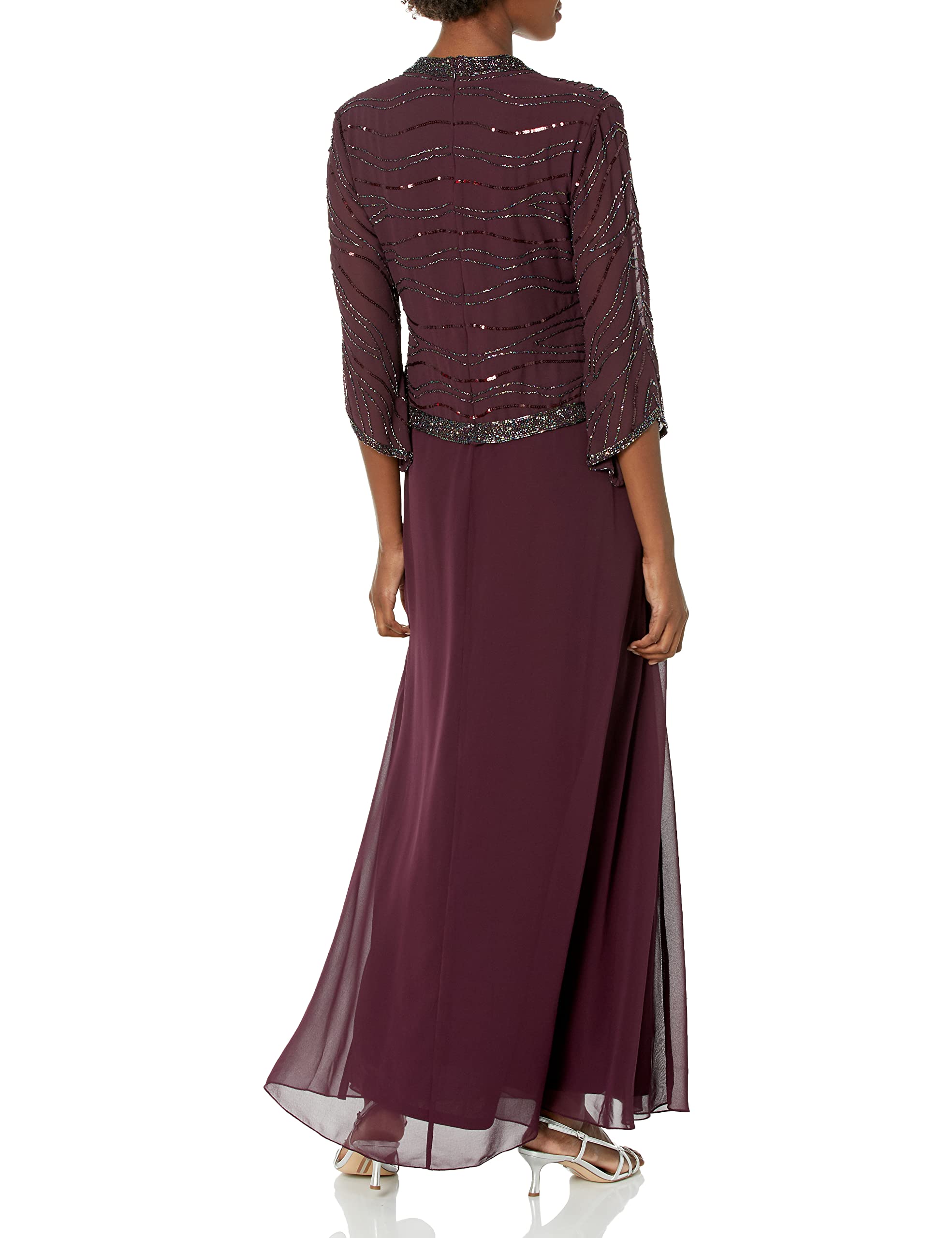 J Kara Women's Petite Long 3/4 Sleeve V-Neck Beaded Faux Wrap Dress - Elegant Formal & Cocktail Party Wear for Special Occasions