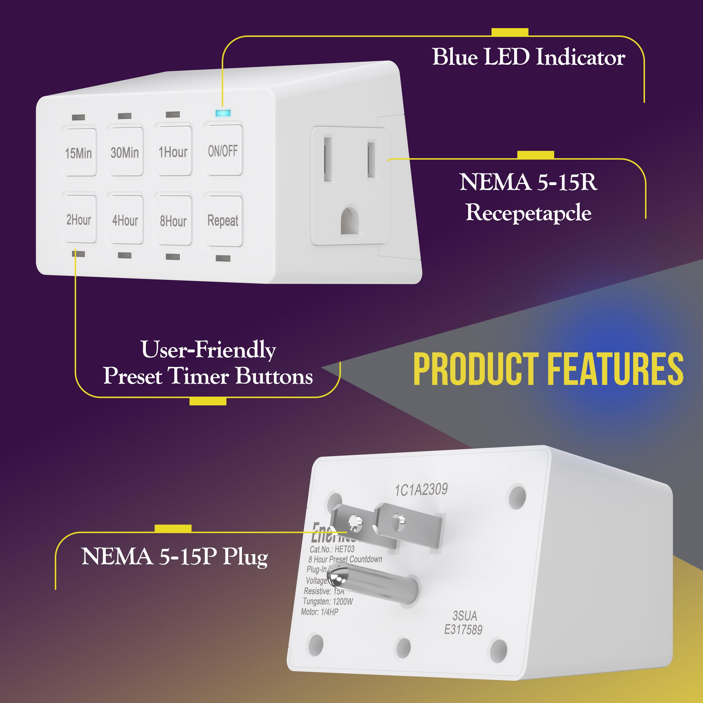 ENERLITES 8-Hour Indoor Countdown Plug-in Timer - 15/30 Min & 1/2/4/8 Hour Settings - Outlet Timer for Fans, Lights & Small Appliances (1/4 HP) - White HET03-W - Perfect for Home Automation, Energy Saving & Vacation Security