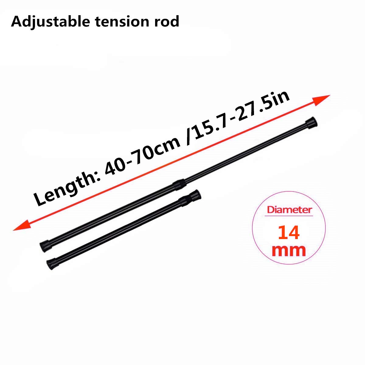 Adjustable Black Spring Tension Rods (2 Pack) - 15.7 to 27.5 Inch Extension Curtain Rod for Cupboard, Bathroom Window & Closet - Perfect for Hanging Curtains, Organizers & Room Dividers