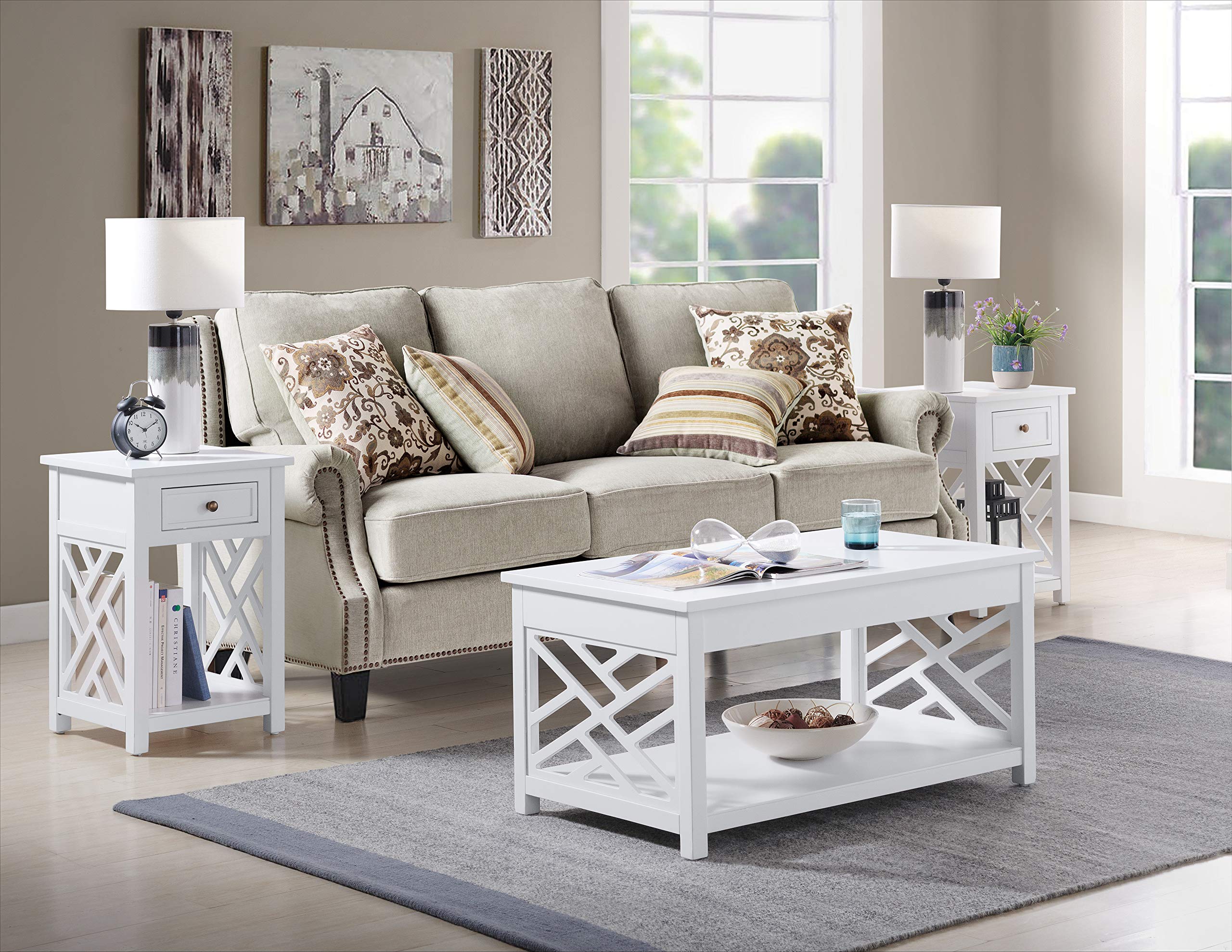 Coventry 36-inch Coffee Table and 2 End Tables with Drawers - Cottage Style Living Room Furniture Set with Open Design Storage Compartment - Perfect for Small Spaces, Apartments & Cozy Home Decor