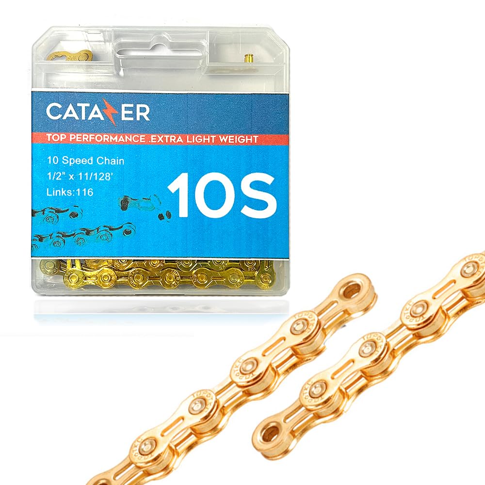 10 Speed Bicycle Chain - 116 Links with Spare Master Links, Hollow Lightweight Design for Mountain, Folding & E-Bikes (Golden) - Perfect for Commuting, Trail Riding & Urban Cycling
